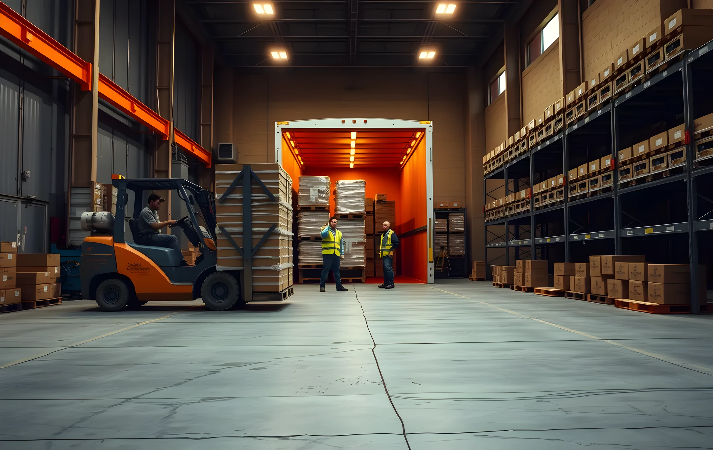 Wide-angle shot of a loading dock at a small regional fulfillment warehouse during early morning. A forklift carries a tall stack of shrink-wrapped pallets toward the open rear doors of a dry-van trailer while two workers in hi-vis vests stand at medium distance directing the maneuver. Rows of sorted cardboard bins line the back wall under warm amber overhead lighting, and the concrete floor shows tire marks from repeated use. The scene is quiet, industrial, and in motion
