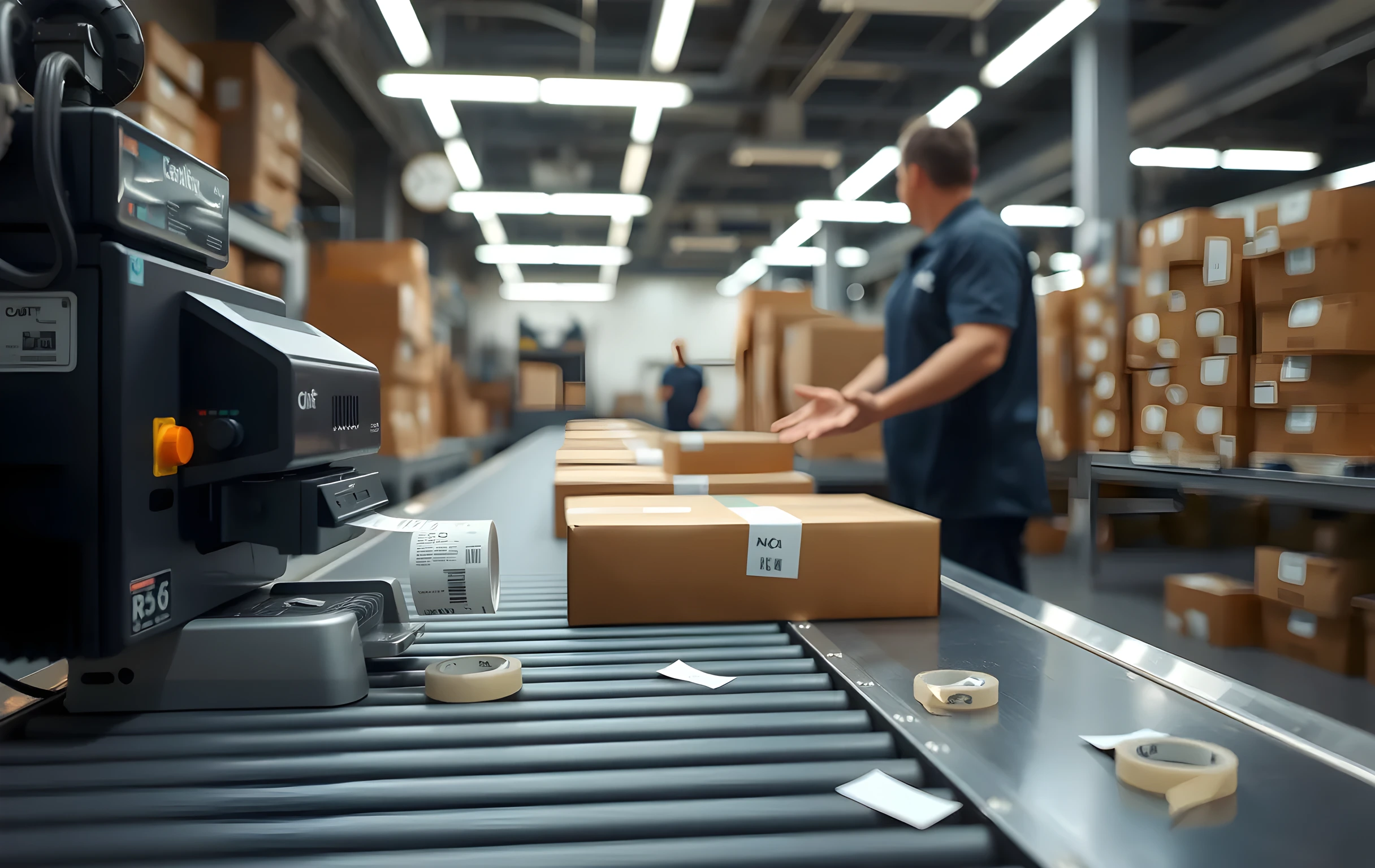 Medium-close detail of a packing station where a thermal label printer feeds small shipping labels onto a slow-moving conveyor belt carrying flat cardboard boxes toward a tape-and-seal station. A worker's torso in a navy polo shirt is visible at the far end of the belt, arms extended toward a bin of clear packing tape. Fluorescent tube lighting casts even white light across the stainless-steel table and scattered corrugated offcuts on the floor. No readable text on any surface or label