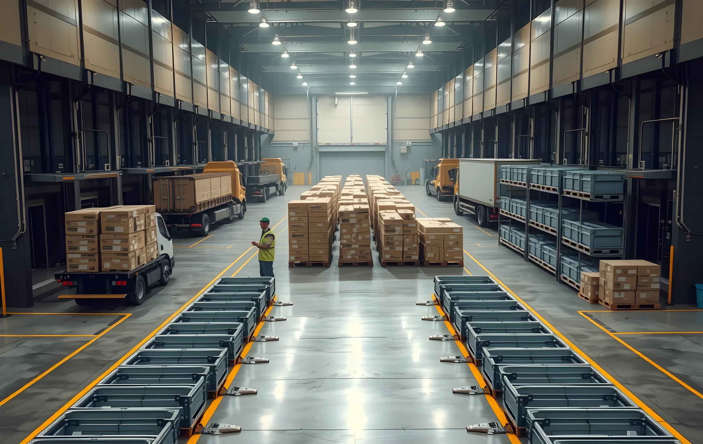 A wide-angle view of a regional air-freight cargo facility at early morning, three flatbed trucks backed into bay doors on a long loading dock, wooden pallets stacked with mixed-size sealed cardboard parcels waiting for load, rows of metal sortation bins lining the polished concrete floor stretching into the distance, two workers in high-visibility vests visible at medium distance directing the flow, soft overcast light reflecting off the truck tarps