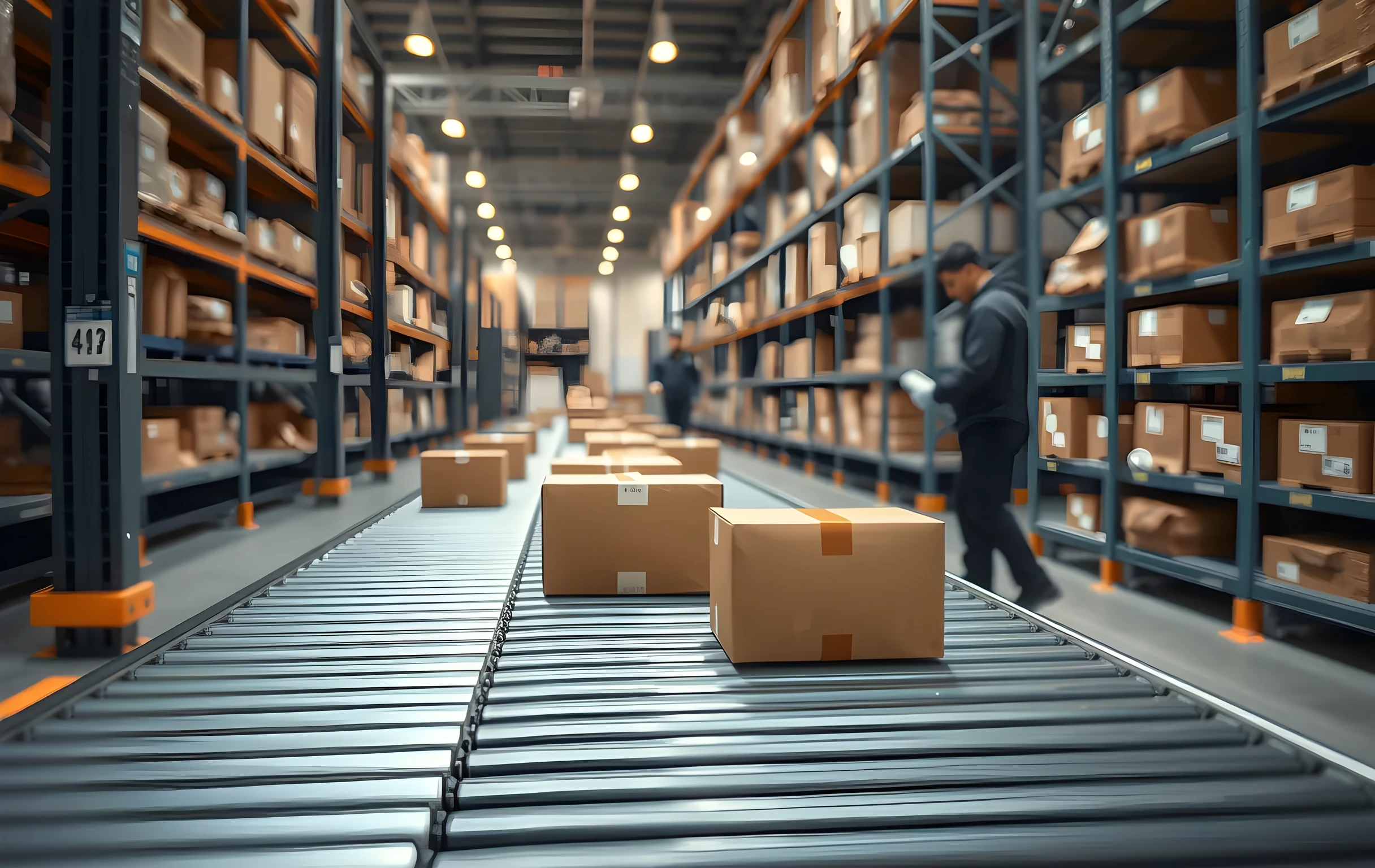 A closer section of an automated parcel conveyor line inside a fulfillment center, various-sized sealed cardboard boxes moving along steel roller belts past scanning stations and angled sorting chutes, one worker in a dark uniform visible in the mid-background adjusting a misaligned package into the flow, tall metal racking filled with queued parcels filling the depth of the frame behind the belt, warm overhead industrial lighting casting soft shadows on the concrete floor