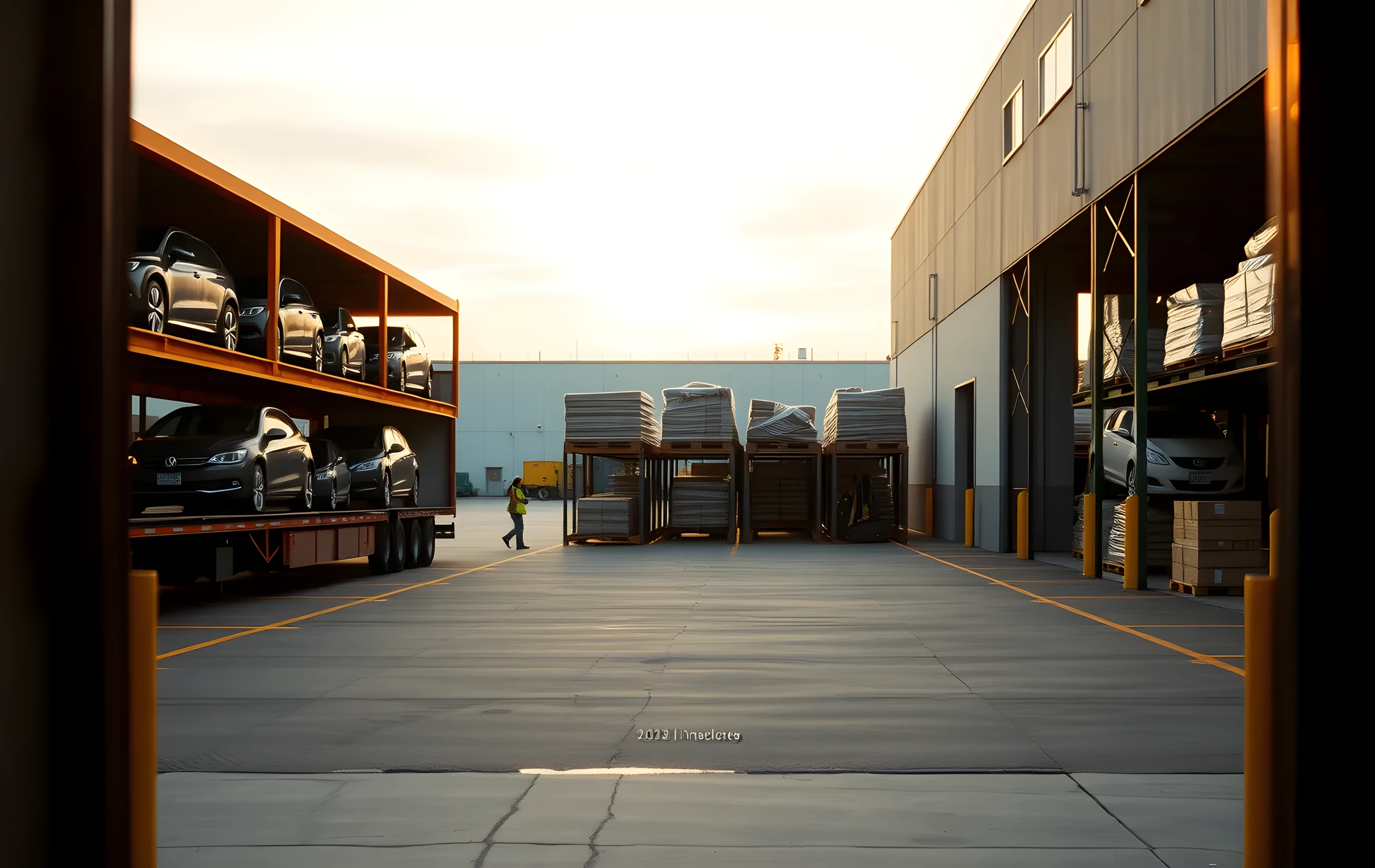A wide-angle view of a car carrier terminal at dawn in an industrial corridor, three open-deck trailers stacked two levels high with sedans and SUVs visible on their ramps, a yellow forklift idling between bays, pallet racks holding shrink-wrapped supply boxes along the far wall, two small figures in high-visibility vests walking the concrete apron, long shadows stretching across the asphalt, overcast amber sky