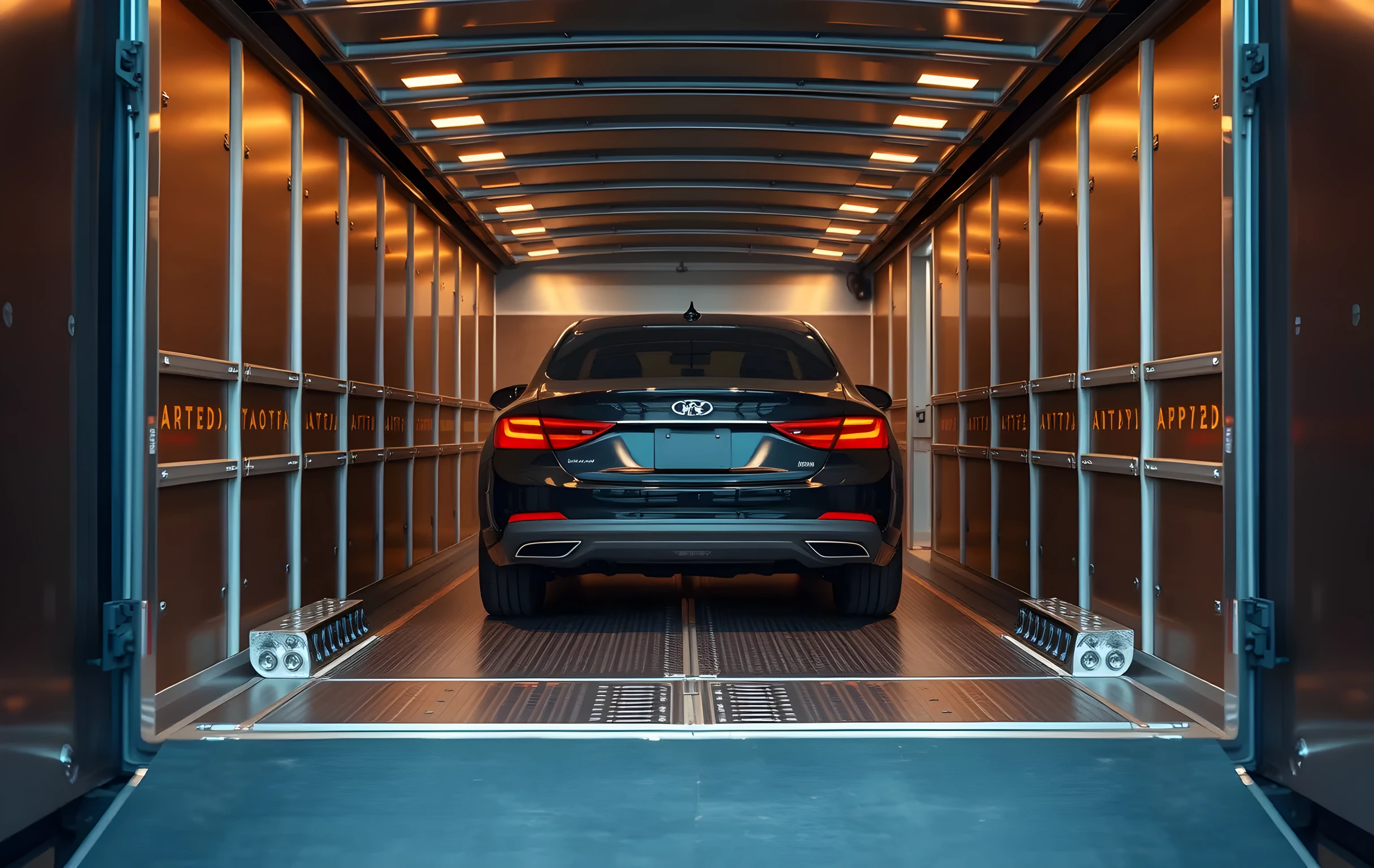 A medium shot from inside the rear of an enclosed auto transport trailer with the hydraulic tailgate half-lowered, warm LED strip lighting illuminating a single dark sedan secured on the lower deck by soft-loop straps over all four wheels, visible steel racking and tie-down anchor points along the floor rails, the concrete ground just visible outside the opening, no people in frame