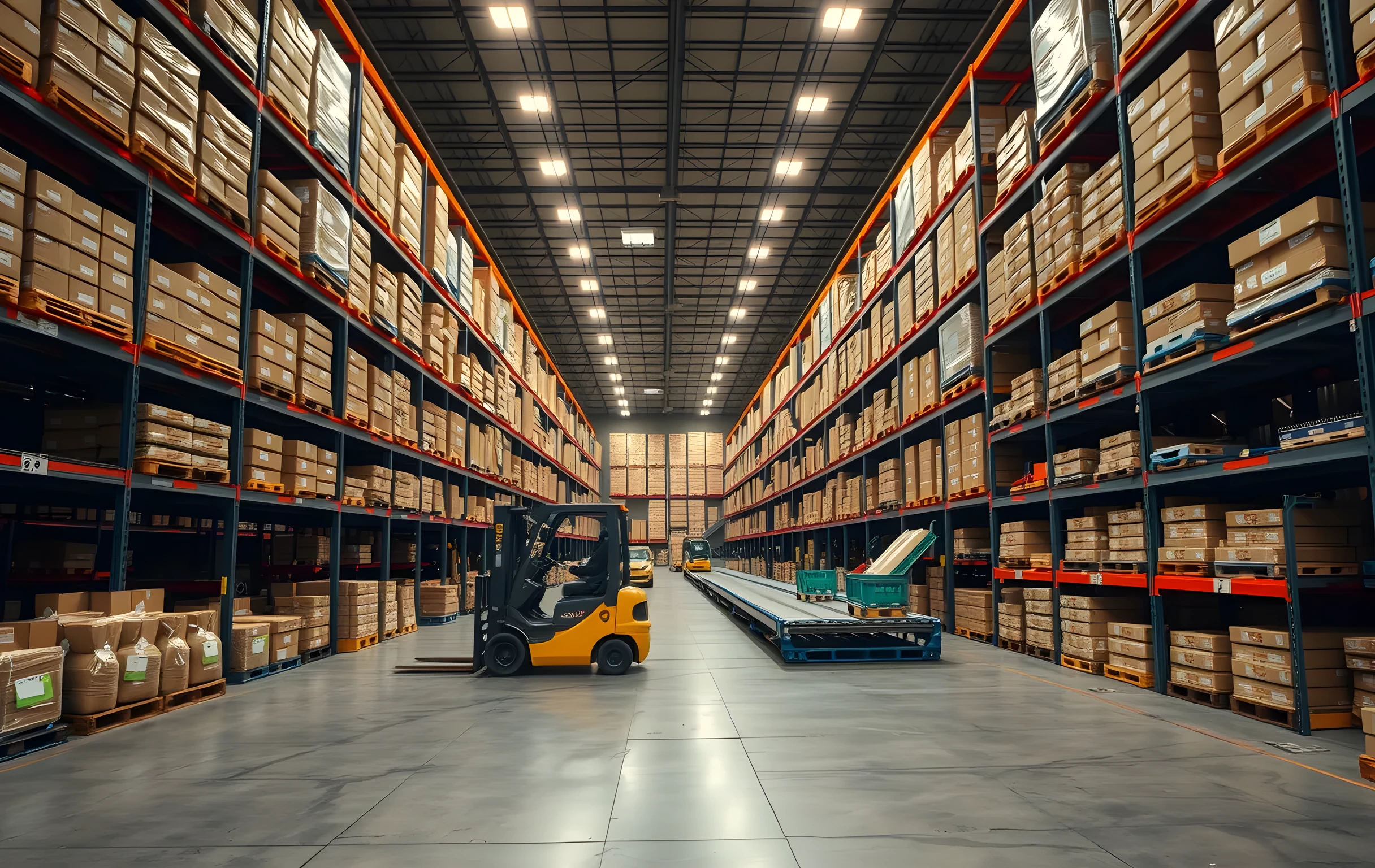 Elevated wide-angle view deep inside a massive pet product distribution warehouse at shift change: three rows of tall amber-lit pallet racking stretch into the distance, each bay loaded with uniform brown cartons and large soft-pack bags of kibble, a yellow forklift trundles between aisles carrying a double-stack pallet, narrow roller conveyors snake through floor-level pick modules where small bins are nested in steel shelving, overhead LED panels cast even warm light across the polished concrete floor, the scene conveys industrial scale and organized motion without any people in close proximity