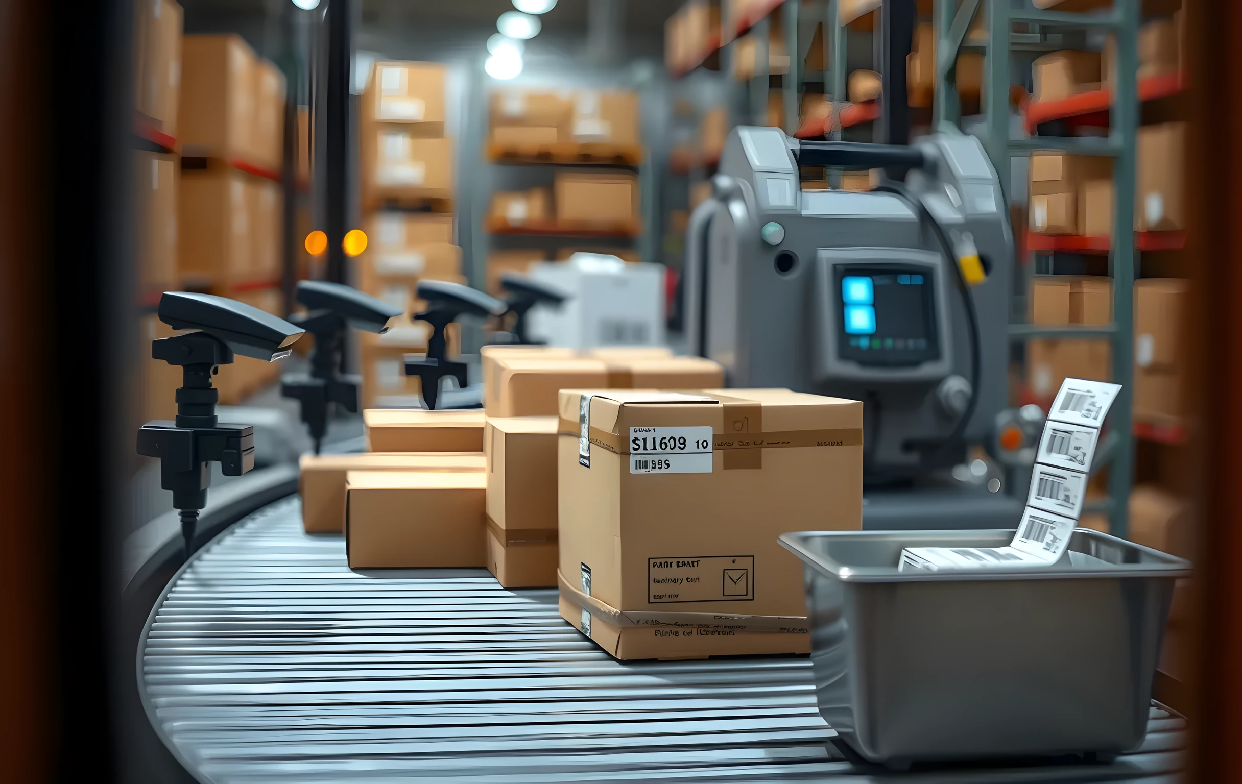 Medium-distance view of an automated parcel sorting section: a curved roller conveyor carries six to eight cardboard boxes of varying sizes (some with visible molded-pulp insert shapes suggesting pet toys) past a row of small barcode scanner brackets mounted on powder-coated steel arms, a stainless-steel bin at the end of the line holds a rubber-banded stack of pre-printed shipping labels, a pneumatic divert arm is mid-swing directing one box toward a downstream chute, the background shows blurred shelving and the soft glow of status indicator lights, no human faces or hands visible