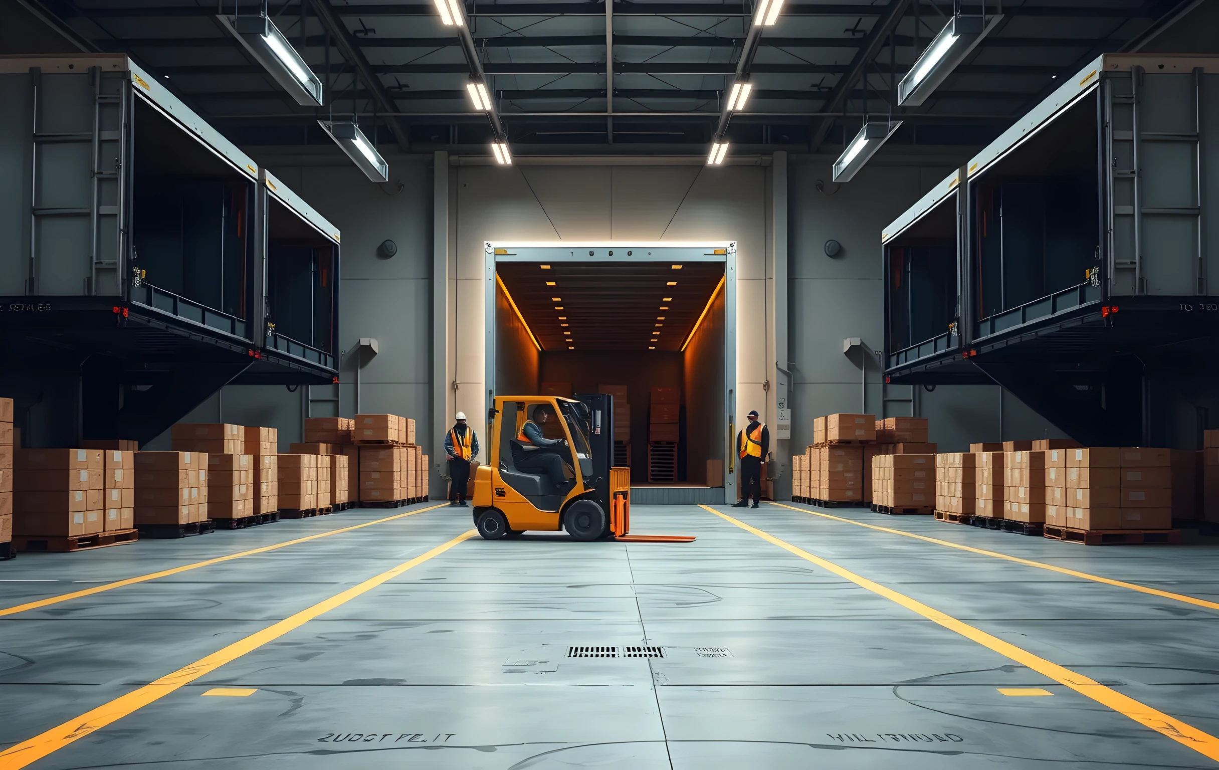 A high-bay warehouse loading dock at dawn with three semi-trailer doors open and hydraulic liftgates lowered to the concrete floor. Rows of uniformly sized plain cardboard packages stacked in neat columns on wooden pallets wait in a queue near each door. Two workers in hi-vis vests stand at medium distance directing a yellow forklift that is moving a loaded pallet toward the center trailer. The industrial concrete floor has faded painted lane lines, and cool fluorescent tube lighting mixes with pale blue early-morning sky light streaming through the open dock doors