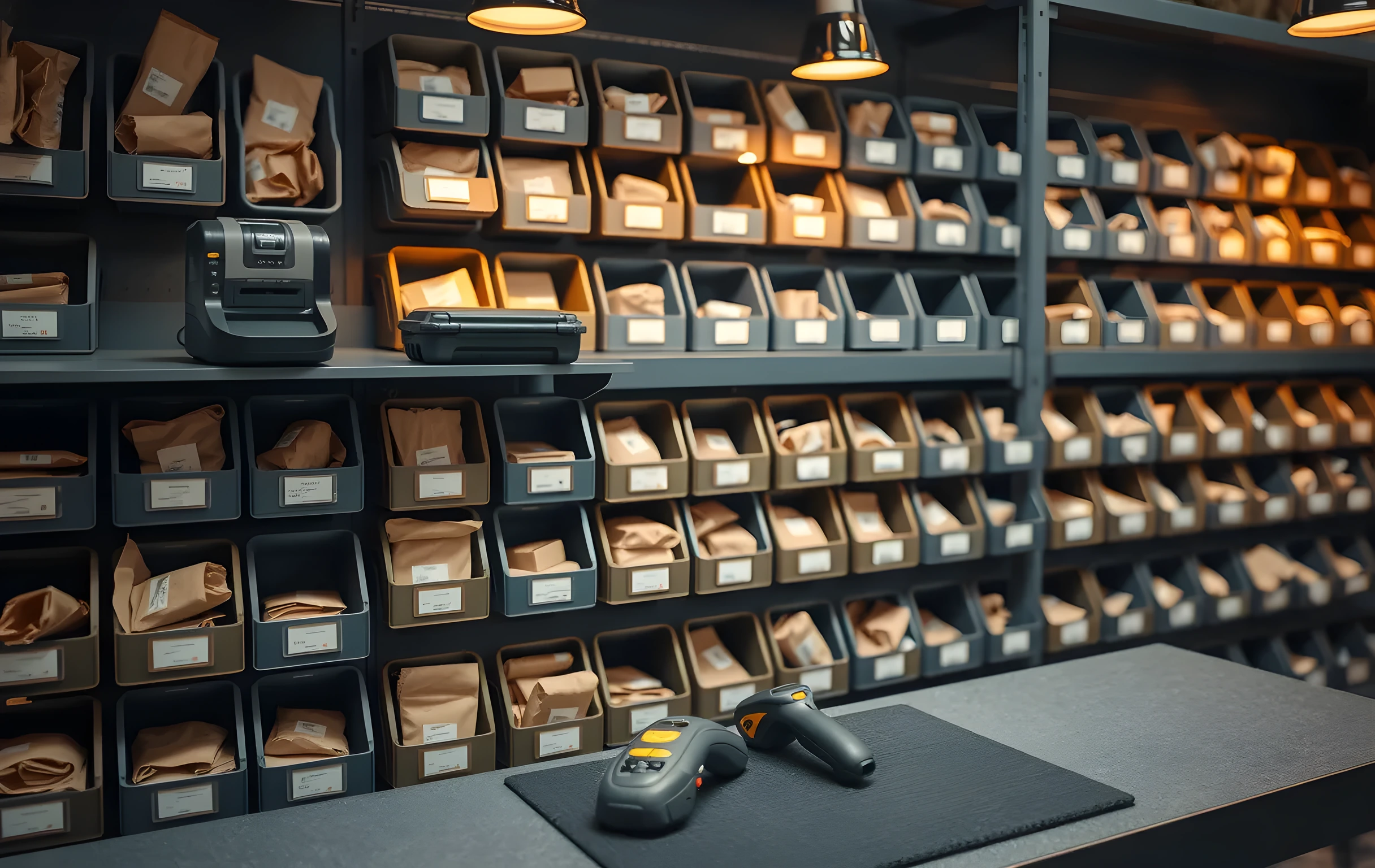 A mid-range shot looking slightly downward at a sorting station: a wall of open-top bins in muted olive, slate blue, and warm gray arranged in a tight grid, each bin holding small plain parcels of varying sizes wrapped in brown paper or tucked into colored tape. A compact label-printer unit sits on the narrow workstation shelf above the top row of bins, and two handheld barcode scanners rest on a black rubber mat at the front edge of the counter. The perspective shows three rows of depth into the bin array, with warm task lighting from overhead pendants casting soft shadows between the compartments