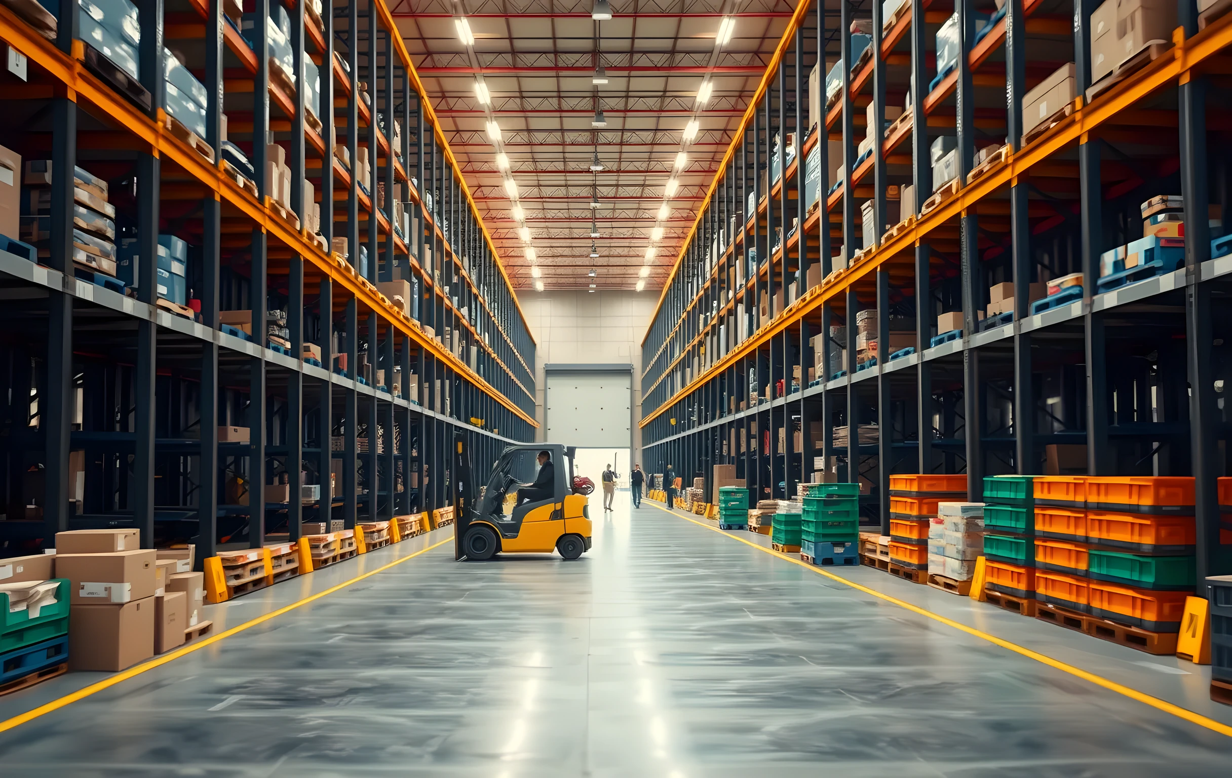 A wide-angle view deep inside a large fulfillment warehouse during early-morning shift start: long parallel rows of tall steel pallet racks receding toward a bright loading-dock doorway, a yellow forklift mid-turn on the polished concrete aisle between two rack rows, color-coded plastic totes stacked in neat columns along a long packing bench, warm amber overhead LED lighting casting soft shadows, three workers visible as small mid-distance figures moving between stations, the overall scene conveying organized motion and scale without any readable text or signage
