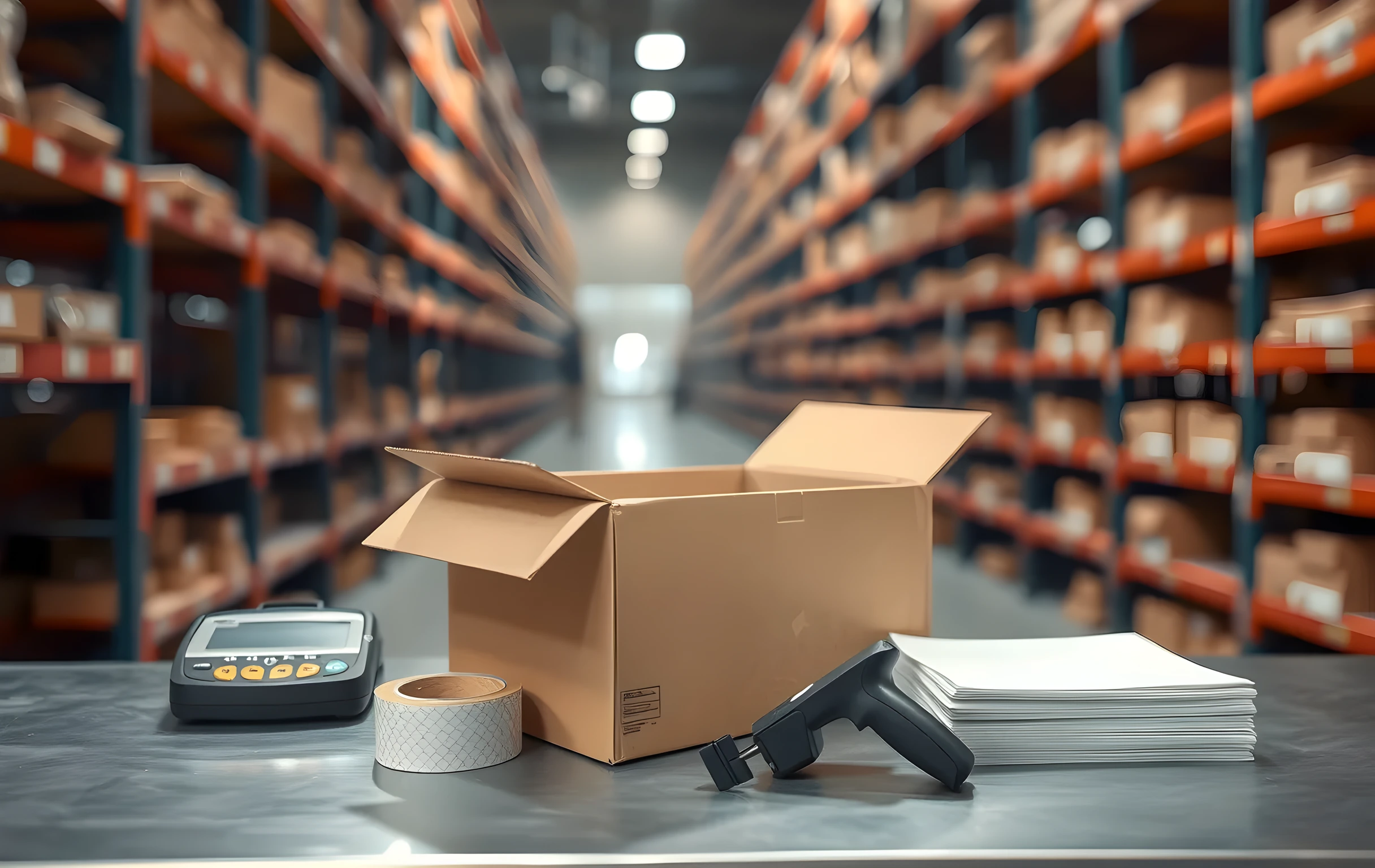 A close detail shot of a single packing station work surface at mid-shift: an open corrugated shipping box with its top flaps folded outward, a roll of brown kraft packing tape unspooled slightly across the metal counter, a coiled tube of bubble wrap resting against the box edge, a small dark digital scale with its display blank, a wrist-strap barcode scanner lying flat beside a stack of plain white paper inserts, the background dissolving into soft-focus warm-toned rows of identical metal shelving units stretching away into gentle bokeh, no faces or hands visible, no text or letters anywhere in the frame