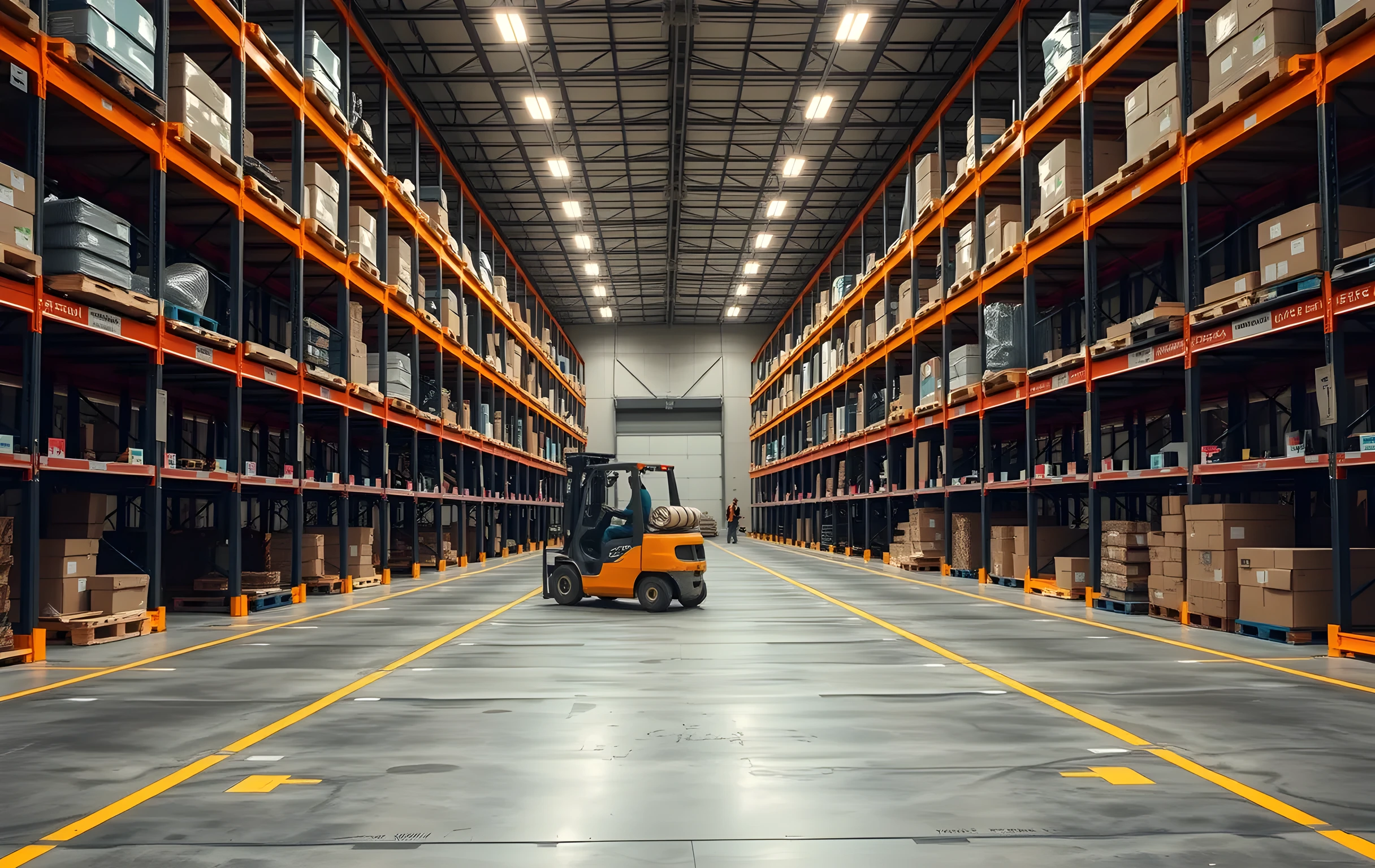 Wide interior view of a small distribution warehouse: rows of steel pallet racks receding toward the back under long fluorescent panels, a forklift mid-lift in the center aisle with a loaded pallet, painted lane lines on polished concrete floor, clusters of sorted cardboard bins near the open loading dock at the far end, two workers visible as small distant figures between the rack rows, warm industrial lighting from above