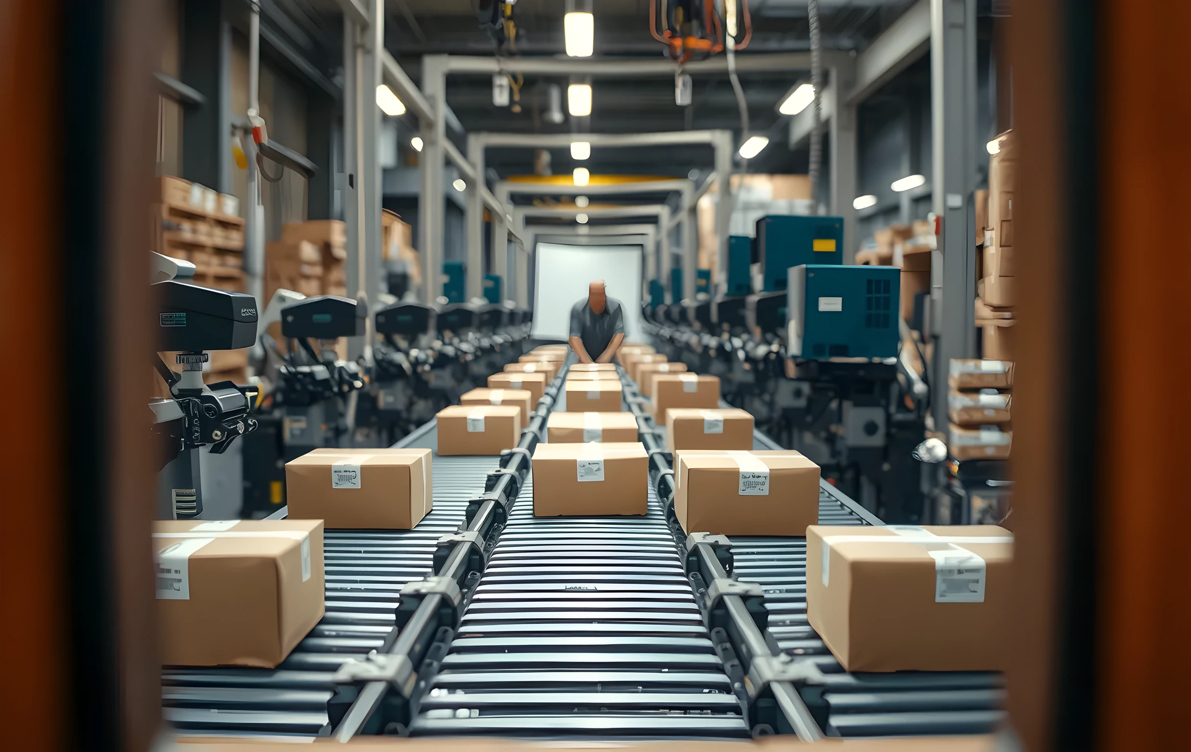 Close detail of a packing conveyor belt section: uniformly sized kraft boxes moving along the belt, industrial tape dispensers clamped to the metal frame at each station, thermal printers mounted on articulated arms above the line, a single worker at medium distance leaning over to fold and seal a box flap, warm overhead workshop lighting casting soft shadows across the metal surfaces
