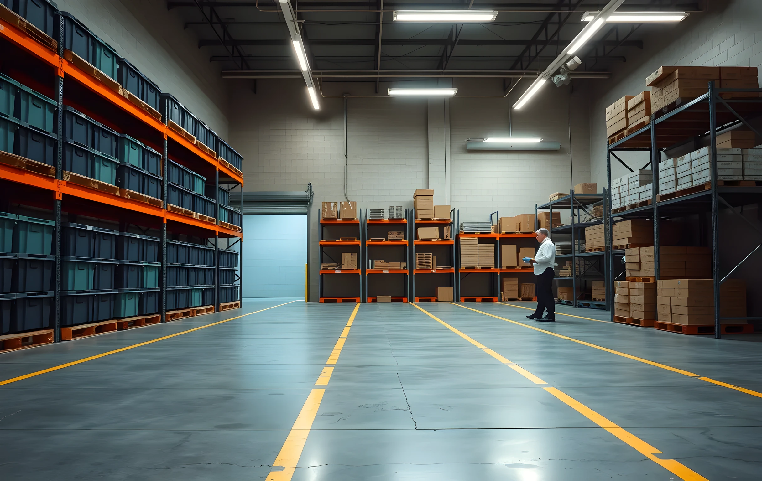 A wide-angle view of a restaurant receiving area at dawn: industrial pallet racks stretch along the left wall loaded with uniform plastic storage bins in muted sage green and charcoal gray, a partially open loading dock door on the right lets in cold blue morning light across a polished concrete floor marked with faded yellow lane lines, a chef-coat figure stands at medium distance near the far rack organizing flat cartons onto a shelf, overhead fluorescent tubes cast even white light over stainless steel shelving units and stacked cardboard cases, the scene feels busy but orderly, no text or signage visible