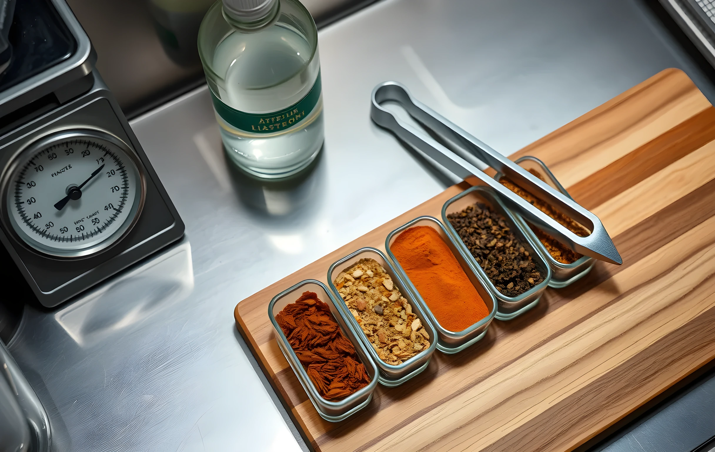 A close detail shot of a stainless steel prep station viewed from a slight overhead angle: six small glass containers in a neat row hold pre-portioned dried herbs and ground spices in warm earth tones, a pair of metal tongs rests across a worn wooden cutting board, an analog-dial kitchen scale sits to the left with its needle resting at zero, a small spray bottle of clear sanitizer stands behind the containers, cool white light reflects off the brushed steel surface, the composition is tight and focused on the texture of the ingredients and the clean geometry of the metal tools, no readable text, no faces, no screens