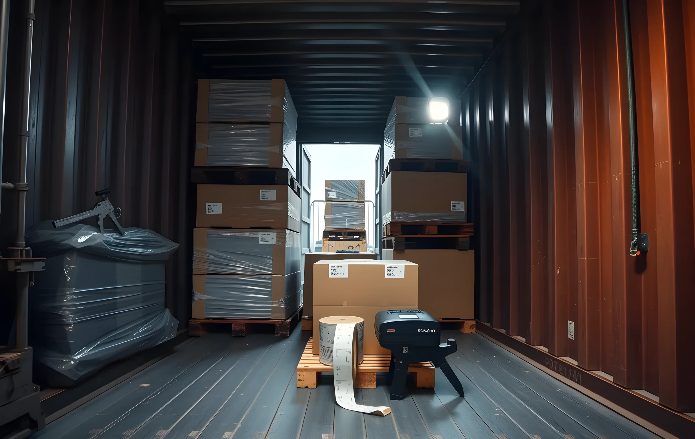 The interior of a shipping container mid-packing, shot from one end looking toward the open doors: wooden pallets stacked in pairs loaded with shrink-wrapped cartons of varying heights, a heavy-duty tape gun resting on the corner of the top pallet, a thermal label printer sitting beside a small stack of blank kraft-paper labels with a short ribbon of printed tape trailing across the corrugated steel floor, forklift tire marks and scuff scratches visible on the container walls, a single work light clipped to a pallet casting warm directional glow while the far end fades into cool shadow, no people in frame