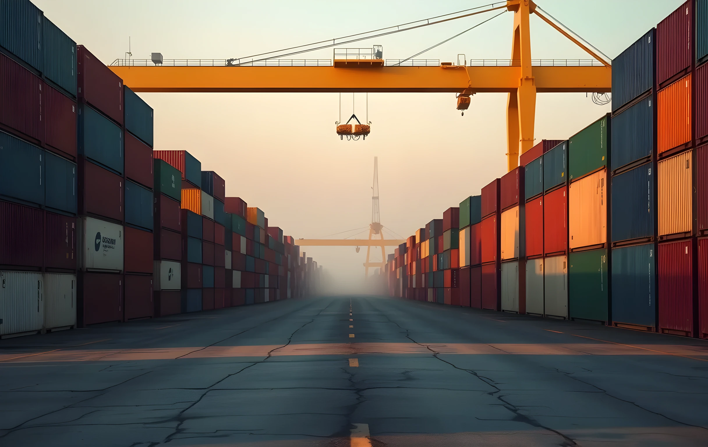 A vast container port yard at early morning in soft golden light, hundreds of stacked shipping containers in muted steel-blue, rust-red, and faded green arranged in long parallel rows receding toward a hazy horizon, a massive yellow gantry crane spanning the upper frame with taut cables and a spreader hanging mid-cycle, low mist hovering over cracked asphalt, the scene shot from ground level looking down the length of the yard, no people visible, no readable text or logos anywhere