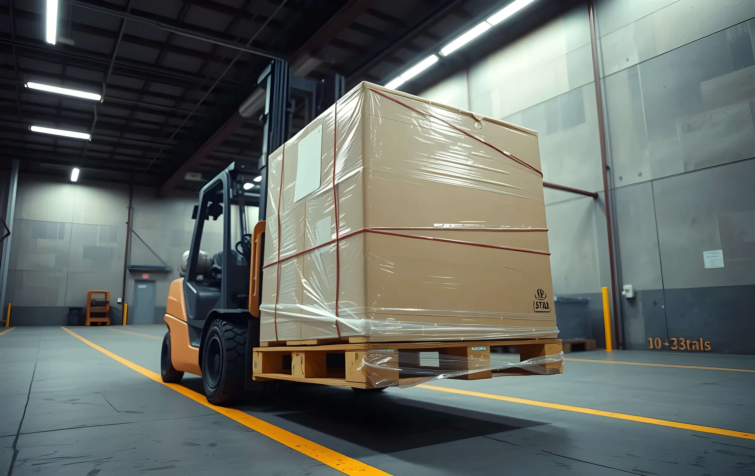 The interior of a cross-dock warehouse bay at work-hour brightness, a forklift caught mid-turn carrying a shrink-wrapped pallet of uniformly sized cardboard boxes, concrete floor marked with faded yellow lane lines and scuff marks, overhead fluorescent tube lighting casting even cool-white light from above, the forklift's forks raised two feet off the ground, rubber-banded cartons visible on the pallet top, shot from a medium distance so no faces are visible, no text or signage in frame