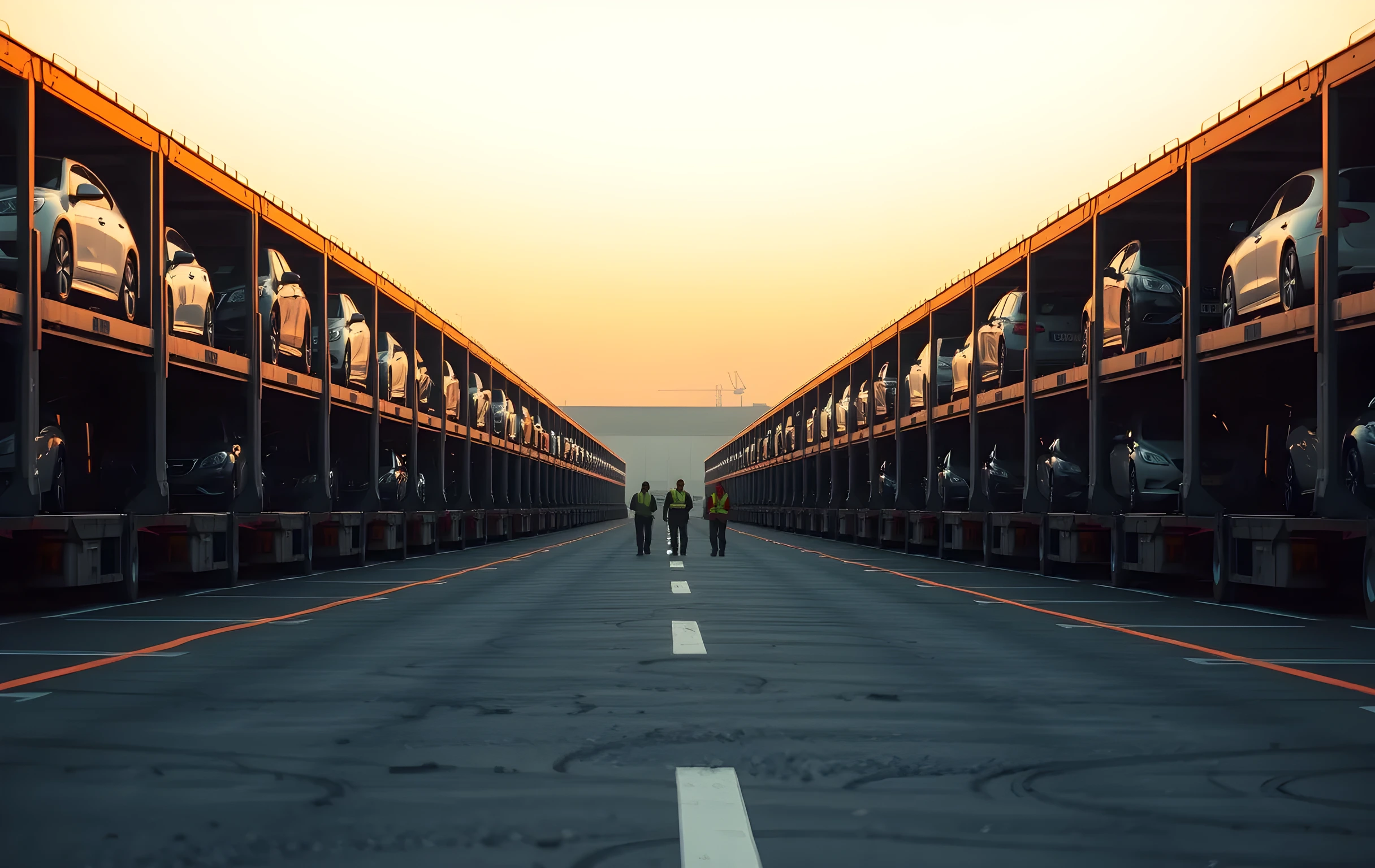 A vast auto transport terminal at first light seen from an elevated position, six or seven multi-level car carriers with their ramps lowered stretching in parallel rows toward the vanishing point, a few workers in fluorescent safety vests walking as small distant figures between the steel trailers, hydraulic lift arms visible on the nearest carrier, the sky a flat pale amber over an open industrial lot of compacted gravel and painted lane markings, shot wide to show the full scale of the yard