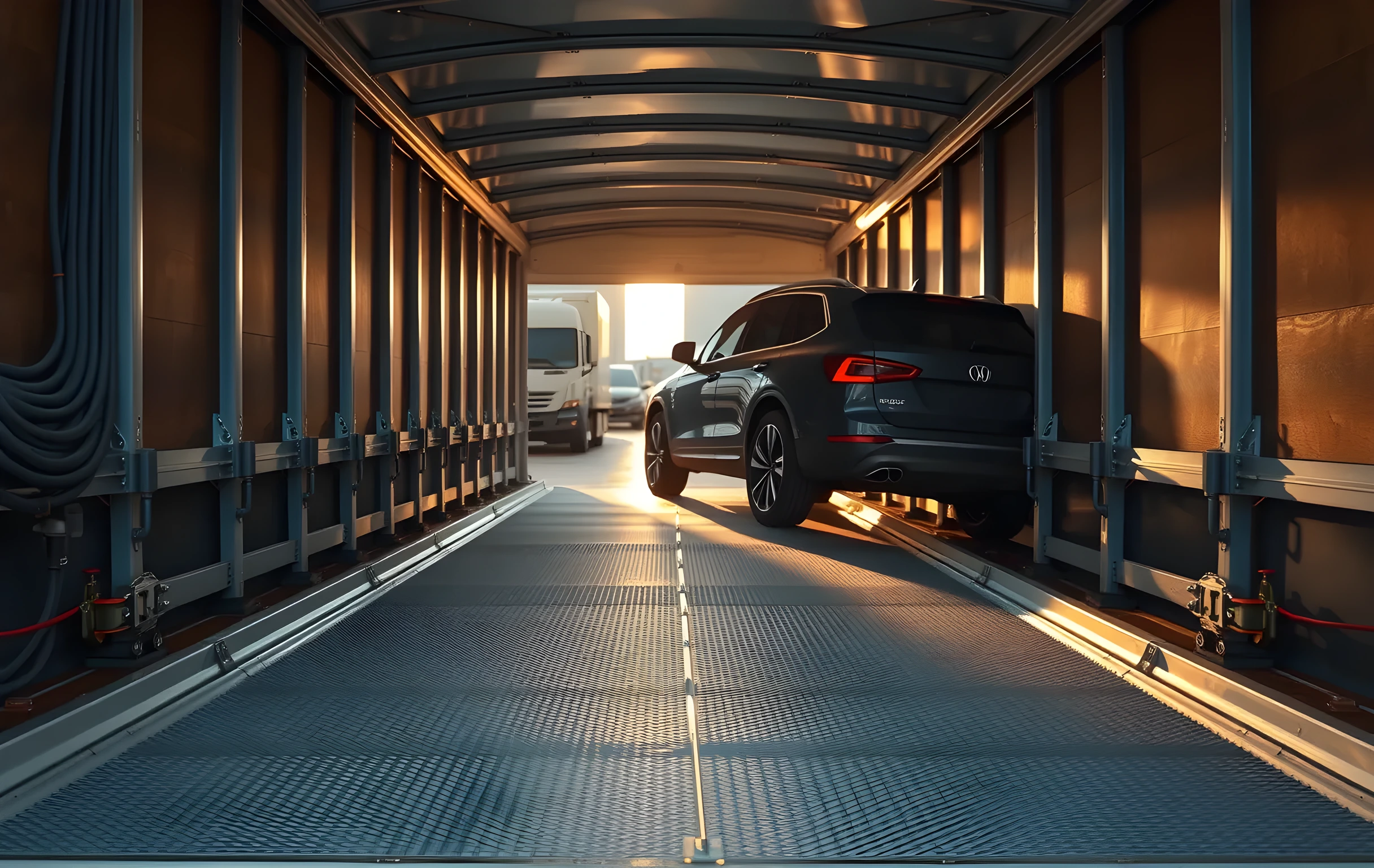 The interior of an open car carrier trailer viewed from one end looking down its full length at eye level, the galvanized steel tie-down posts and ratcheting straps running diagonally across the empty lower deck, the rear ramp half-open letting a long warm shaft of late-afternoon sunlight rake across the ribbed metal floor, a single dark SUV quarter-panel visible in the mid-ground with its alloy wheel catching the light, hydraulic winch cables coiled along the side rail, no people present, shallow depth of field softening the far end