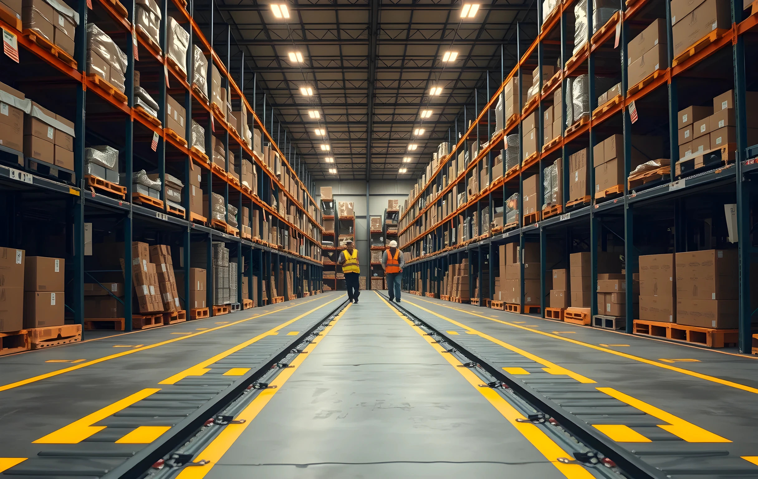 A wide-angle view of a large distribution warehouse floor where rows of brown corrugated cardboard boxes in varying sizes ride along a steel conveyor belt system, tall pallet racks filled with stacked inventory line both sides of the aisle, industrial overhead lighting casts warm pools on the concrete floor marked with painted yellow lane lines, two workers in hi-vis vests are visible at medium distance moving along the far side of the belt, the depth of field keeps the foreground boxes sharp while the back wall softens into shadow, no text no signage no screens