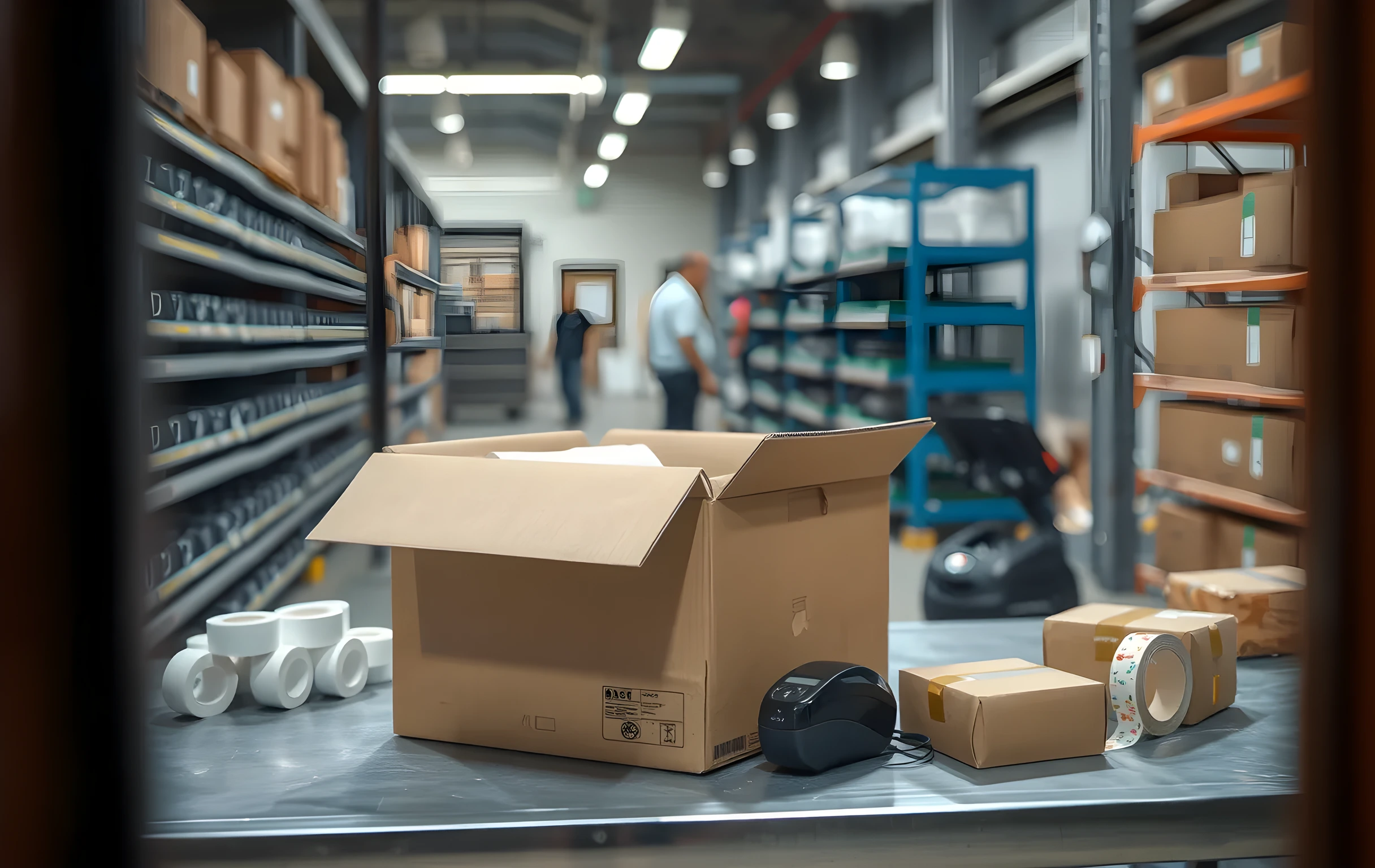 A medium shot from slightly above a steel workbench at a packing station where a large open double-wall cardboard box sits centered on the surface with white foam corner inserts and rolls of bubble wrap arranged around its interior, a handheld thermal label printer rests on the bench edge to the right, a roll of packing tape and a small stack of empty boxes are visible in the background near a wall-mounted rack of sorted bins with colored dividers, a worker is barely visible at far distance in the aisle beyond the bench, overhead fluorescent lighting reflects off the steel surface, no text no writing no screens no close-up hands or faces