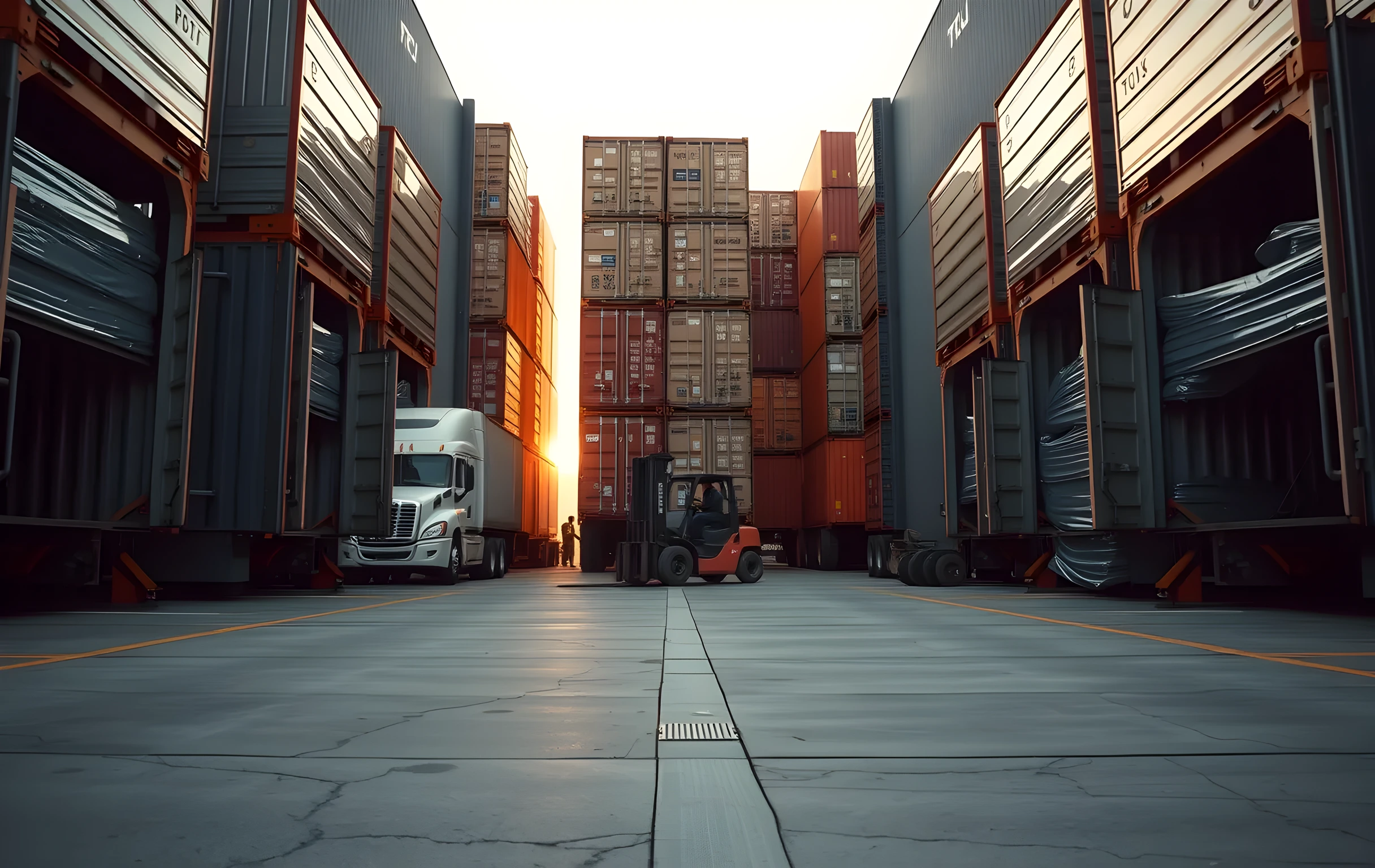 A wide-angle view of a busy container port loading dock at golden hour, three semi-trucks backed into open bays with tailgates down, a forklift mid-turn between towering stacks of mixed cargo pallets wrapped in stretch film, two workers visible as small distant figures near the truck openings, shipping containers stacked four-high in the background, dust motes catching low sun light, no text or signage visible
