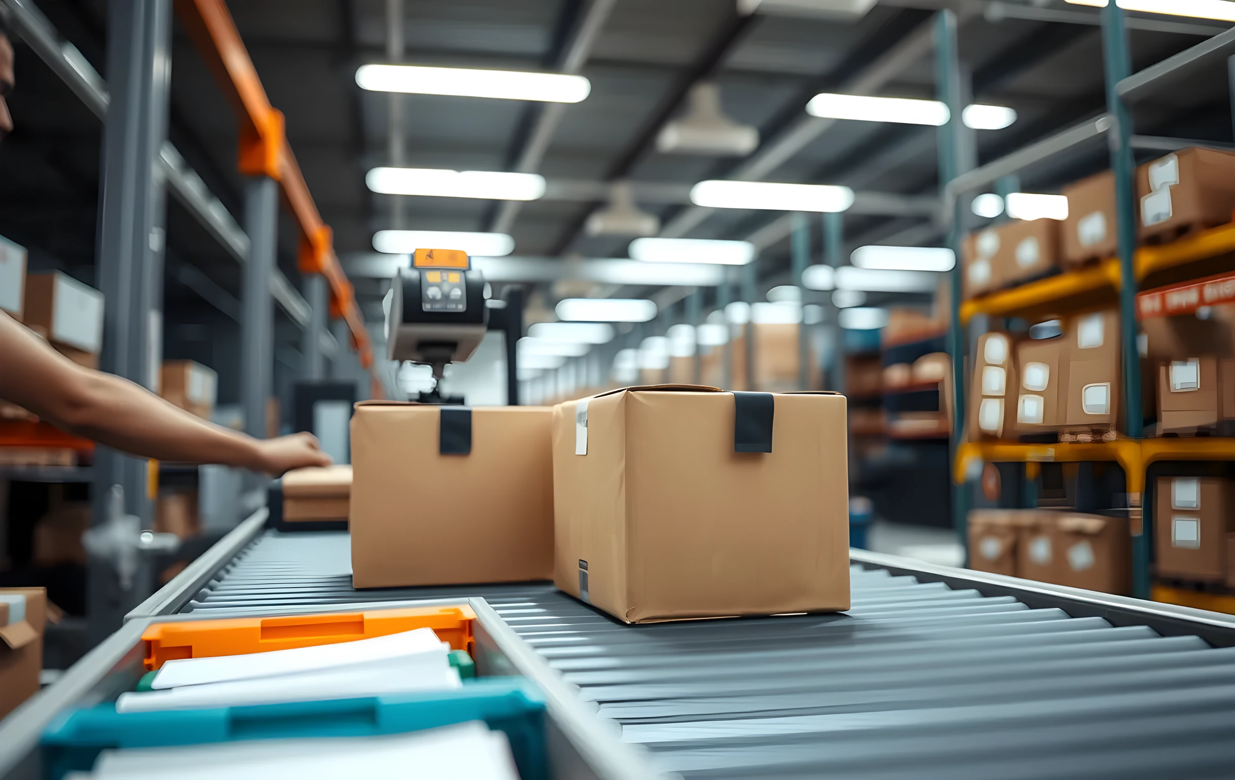 A medium-close view of a cardboard-box packing line inside a fulfillment warehouse, three plain brown cartons sitting on a slow-moving conveyor belt with a thermal label printer head positioned just above them, a row of color-coded sorted bins in the immediate foreground holding folded poly mailers, one worker's torso and arms visible at medium distance feeding a box onto the belt from the left side, overhead fluorescent lighting casting even white light, no text, no screens, no faces