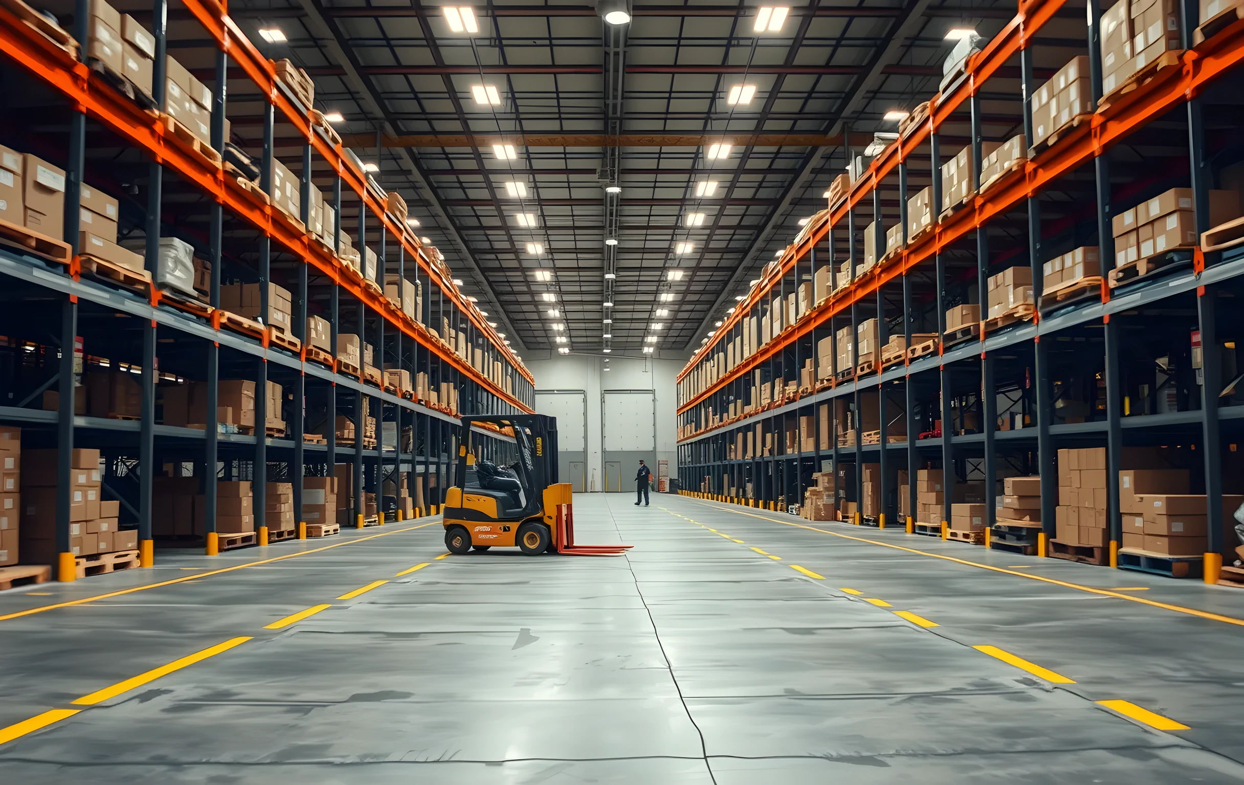 Wide interior view of a cross-dock parcel warehouse at shift start: long rows of steel pallet racks receding into depth under high bay fluorescent lighting, a forklift mid-turn between two aisles carrying a stack of brown cartons, painted yellow lane markings on polished concrete floor, three workers visible as small distant figures near the far loading dock doors which are open showing grey morning light, overhead pipe runs and cable trays along the ceiling, no text or signage visible