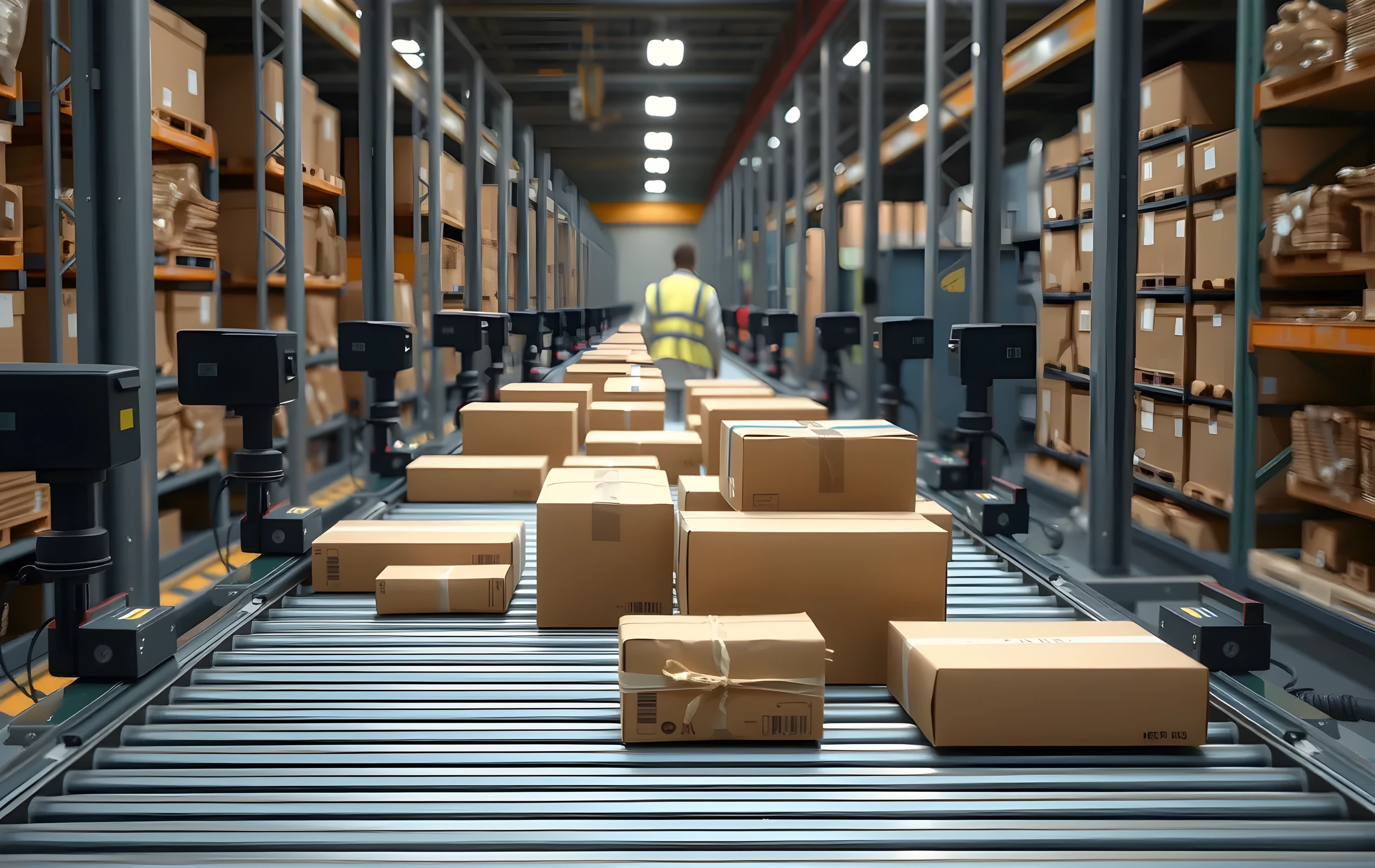 Medium-distance view of a roller-conveyor sorting line in a distribution center: cardboard parcels of varied sizes, flat mailer envelopes, shoeboxes, padded tubes, moving left to right along chrome rollers toward a series of angled gravity chutes, black barcode scanner posts mounted at two-meter intervals above the belt, rubber-banded bundles of small poly mailers mixed among larger cartons, a worker in a hi-vis vest visible at mid-distance from behind adjusting a misaligned box on the belt, warm task lighting from below casting soft shadows under the parcels, no screens, no text, no close-up hands