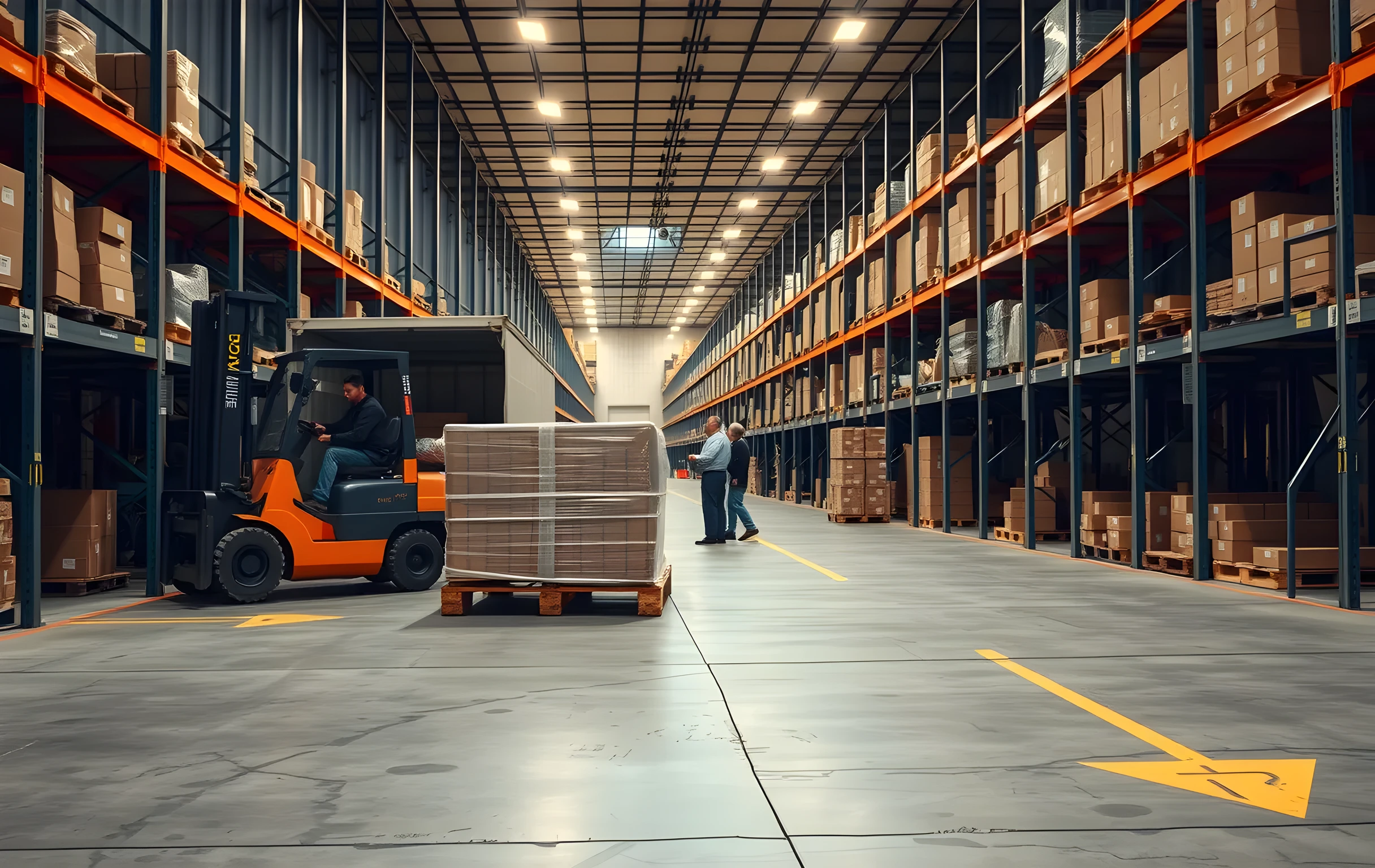A wide-angle view of a warehouse loading dock at early morning, a forklift carrying a stretch-wrapped pallet of uniform cardboard boxes toward the open rear doors of a box truck, three workers visible at medium distance organizing cartons along a long overhead conveyor belt, rows of tall shelving receding into soft industrial light, concrete floor with painted lane markings, muted amber and steel-blue color palette