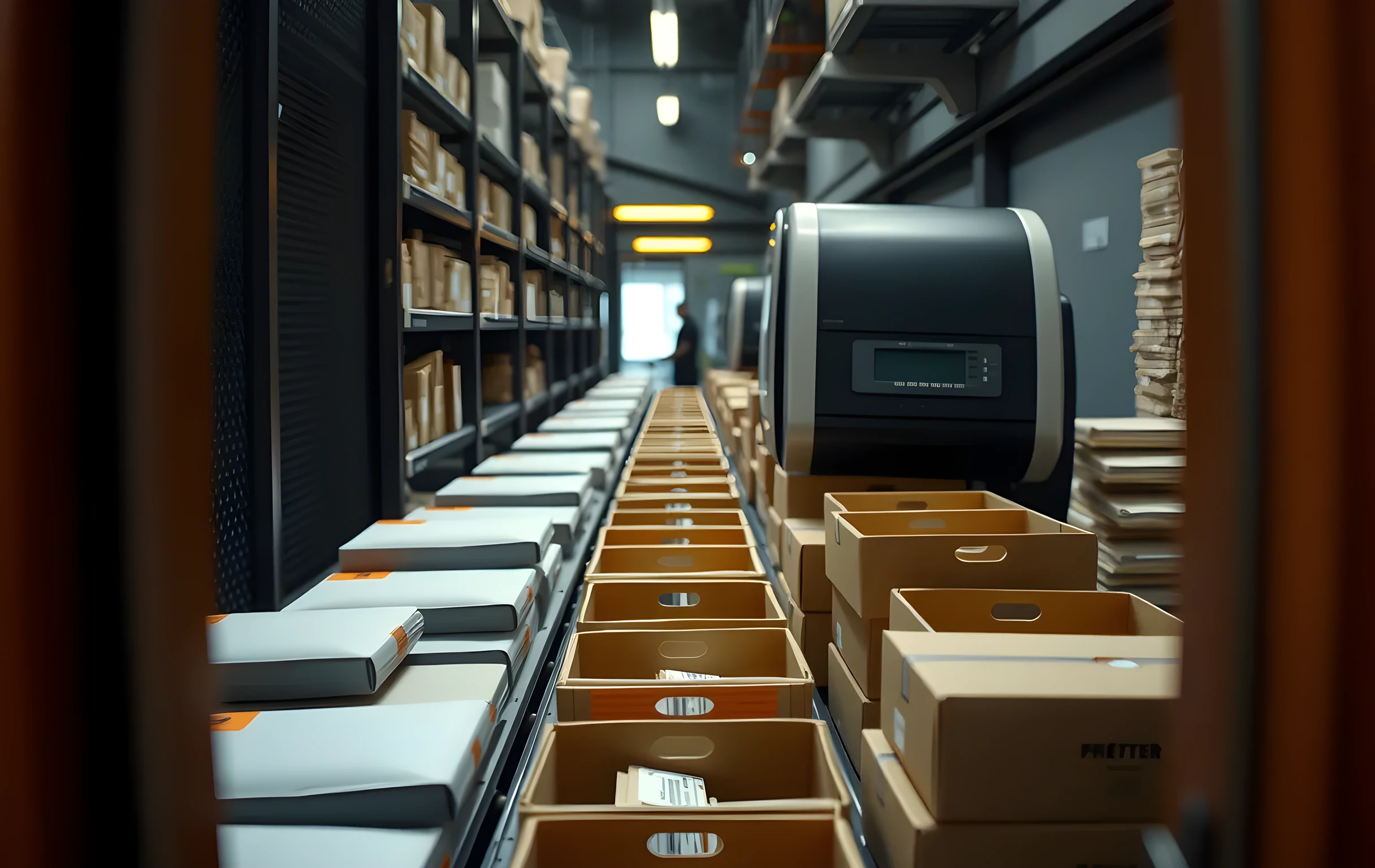 A compact parcel sorting station seen from a slight elevation: small padded envelopes and flat boxes rolling down a short gravity rail into a row of open-top wooden bins sorted by size, a thermal label printer cycling at the far end of the line feeding fresh stock into a neat stack, warm task lighting casting soft shadows across the work surface, a single worker visible at far distance beyond the equipment reaching for the next batch