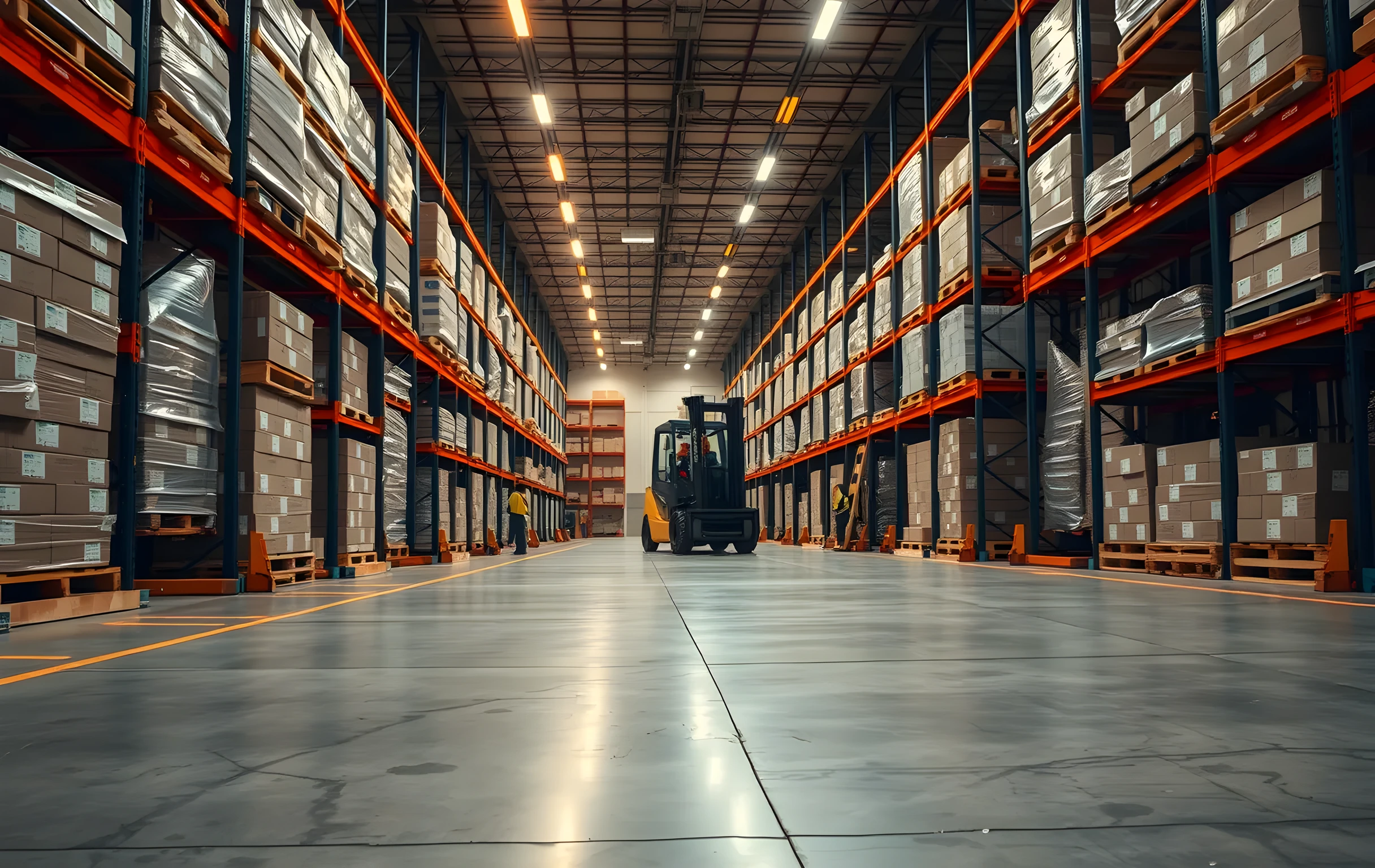 A wide-angle view of a large distribution center loading dock at early morning, rows of stacked cardboard parcels on pallets awaiting forklift pickup, amber industrial lighting casting long shadows across the concrete floor, three workers visible as small distant figures moving between tall steel rack aisles in the background, a yellow forklift mid-lift with a full pallet, rubber-tired tracks visible on the polished floor, no text or signage anywhere in frame
