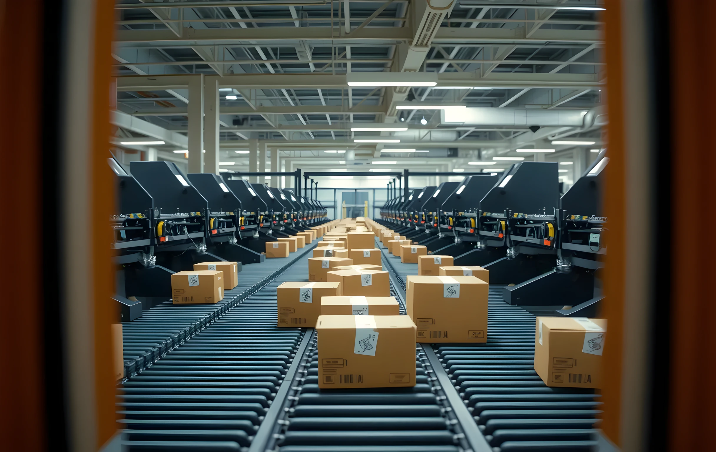 A medium-distance view of an automated parcel sorting line in motion, a dozen cardboard boxes of varying sizes riding along a black rubber conveyor belt through a series of angled chutes and sensor gates, small amber status lights glowing above each sort station, the mechanical rhythm of rollers and diverting arms visible, pale industrial ceiling with exposed ductwork overhead, no people in frame, no text or labels visible on any surface