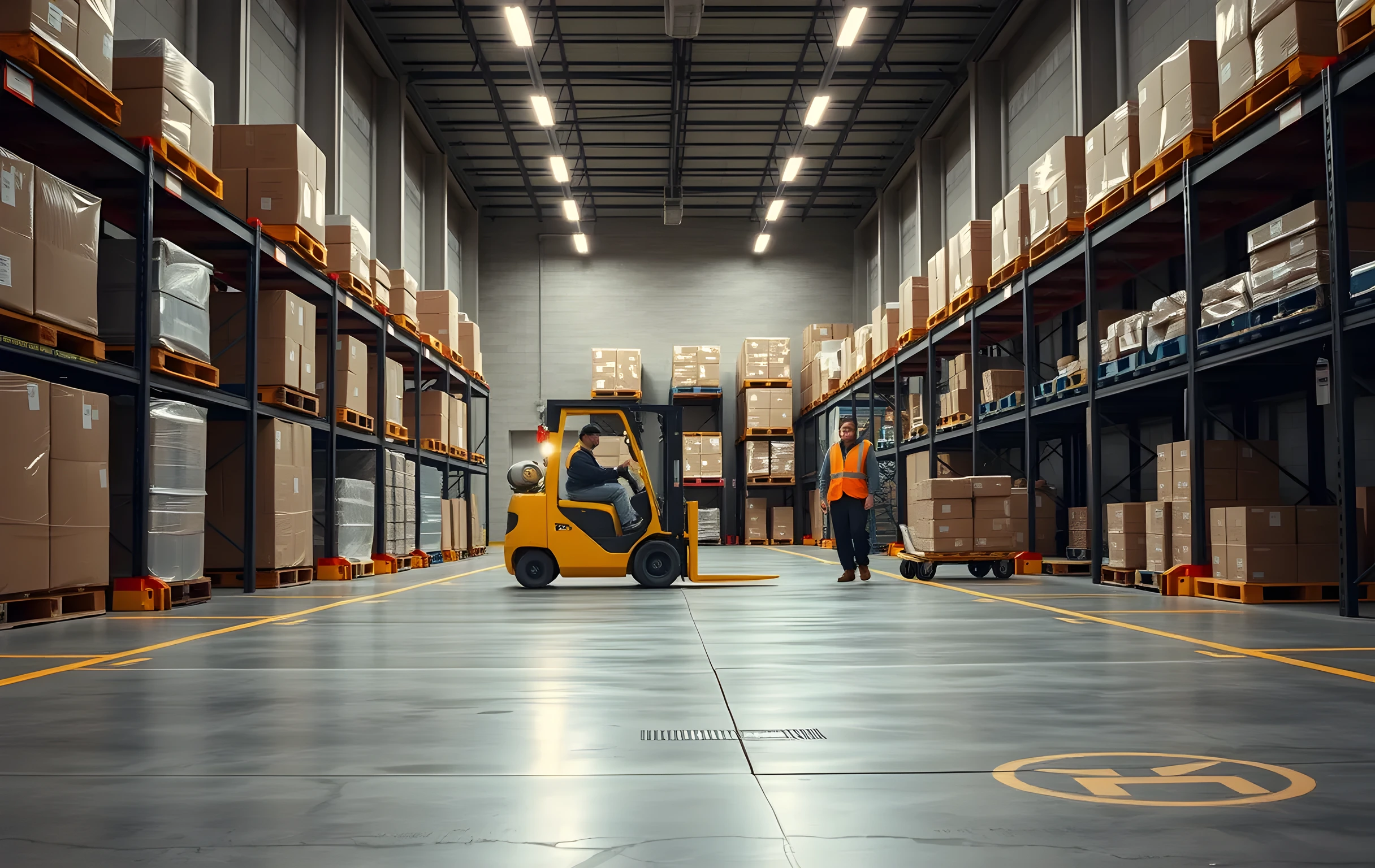 A wide-angle view of a mid-size fulfillment warehouse loading dock at early morning: six to eight brown cardboard parcels of varying sizes rest on wooden pallets stacked two high, a yellow forklift is positioned mid-aisle pushing a tall pallet rack of empty boxes toward the open dock door, fluorescent tube lighting casts even white light across polished concrete marked with faded yellow safety lines, a single worker in an orange hi-vis vest stands at medium distance near a low conveyor belt carrying wrapped packages, no text or signage visible anywhere, shallow depth of field softening the far wall of shelving