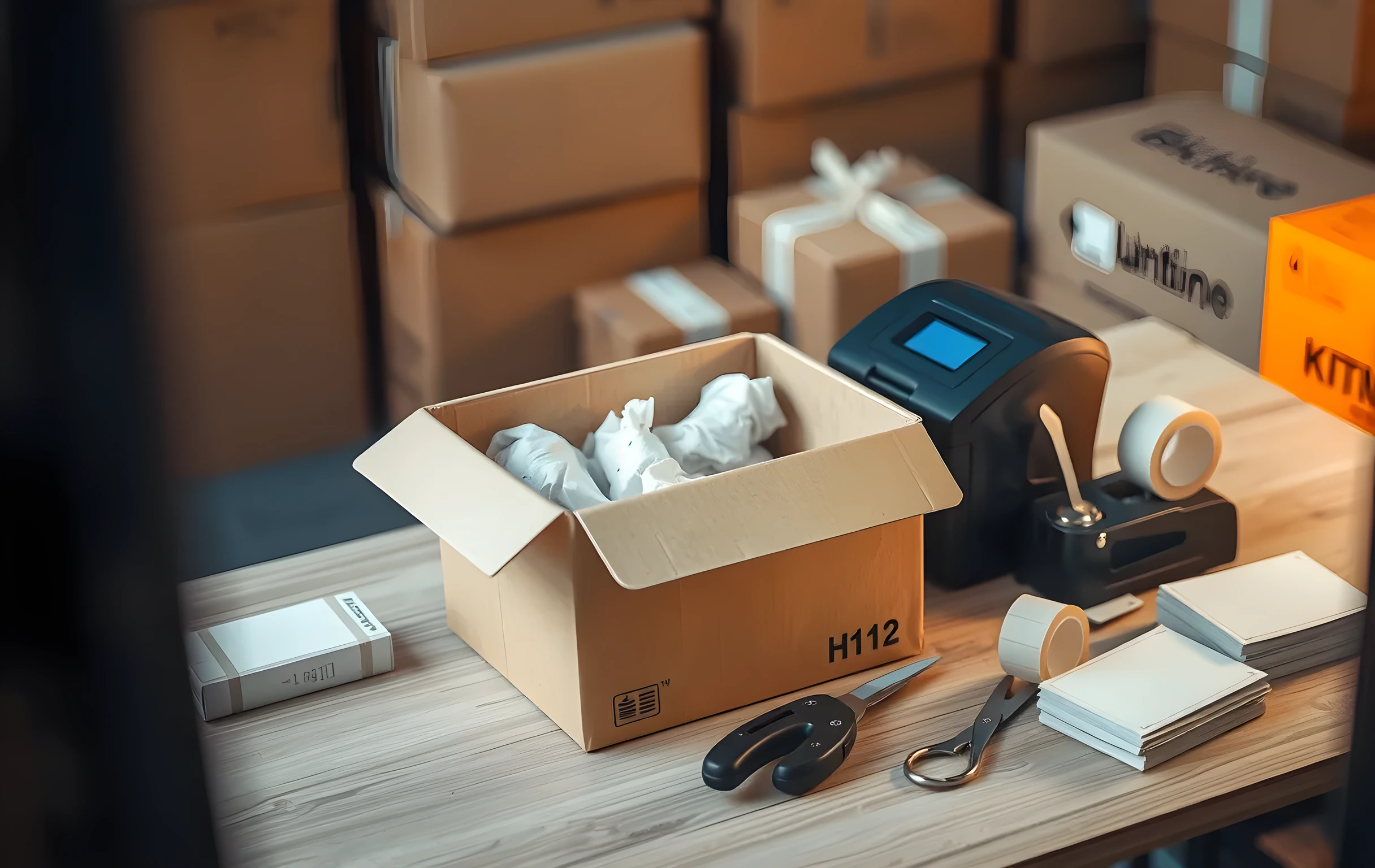 A close overhead-angle shot of a single packing station counter: an open 18-by-12 cardboard box half-filled with crumpled bubble wrap sits center frame, to its right a small thermal label printer in matte black plastic with no visible screen or text, a roll of brown packing tape on a dispenser, a utility knife with a retracted blade, a pair of steel scissors, and a stack of blank white adhesive label sheets at the counter edge; warm task lighting from above casts soft directional shadows across the light wood-grain surface, background is a softly blurred wall of corrugated boxes, no faces, no screens, no readable text