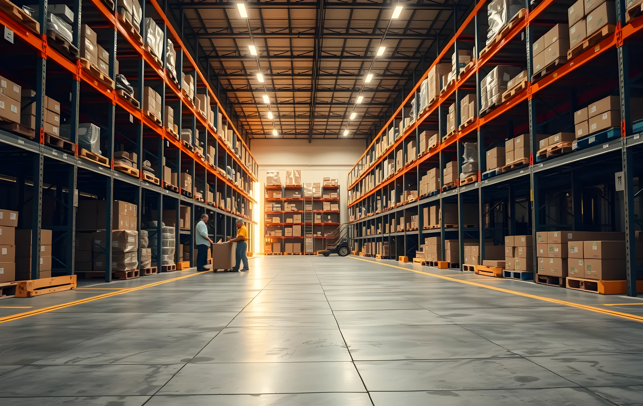 A wide-angle view of a warehouse loading dock at early morning, long rows of steel pallet racks receding into warm fluorescent depth, a conveyor belt carrying uniform brown corrugated boxes toward the open dock doors, color-coded sorted bins lined up along the left wall, two workers visible at medium distance organizing cartons near the far end of the belt, polished concrete floor with yellow safety lane markings, soft morning light spilling in through the dock opening