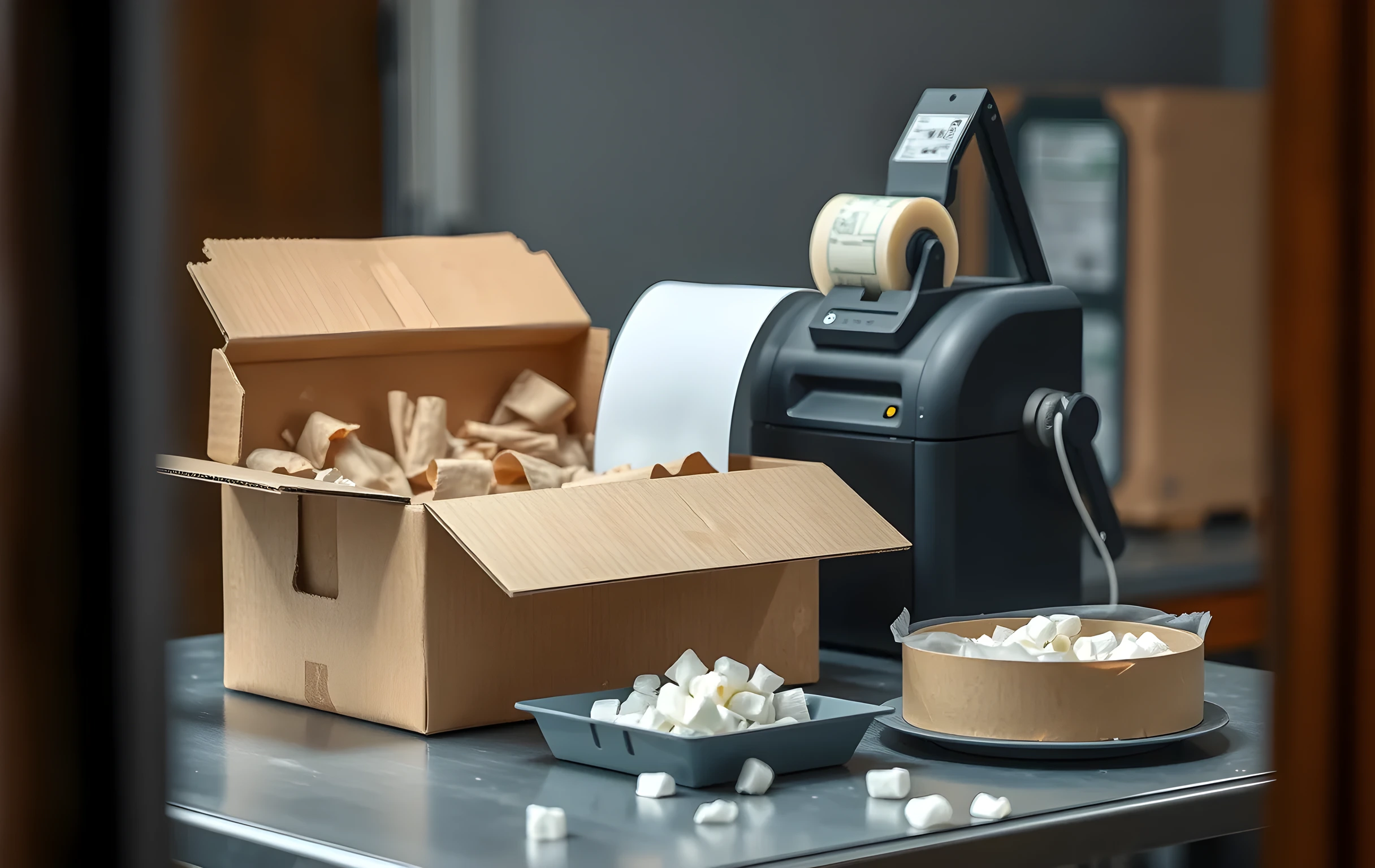 A close detail view of a steel packing station tabletop: an open corrugated box half-filled with crinkled kraft void-fill strips, a thermal label printer mid-cycle with a plain white label emerging from its slot, a roll of clear strapping tape mounted on an angled dispenser arm, bubble wrap partially unrolled across the table surface, a small shallow tray catching loose packing peanuts, warm task lighting from above casting soft shadows on the metal worktop