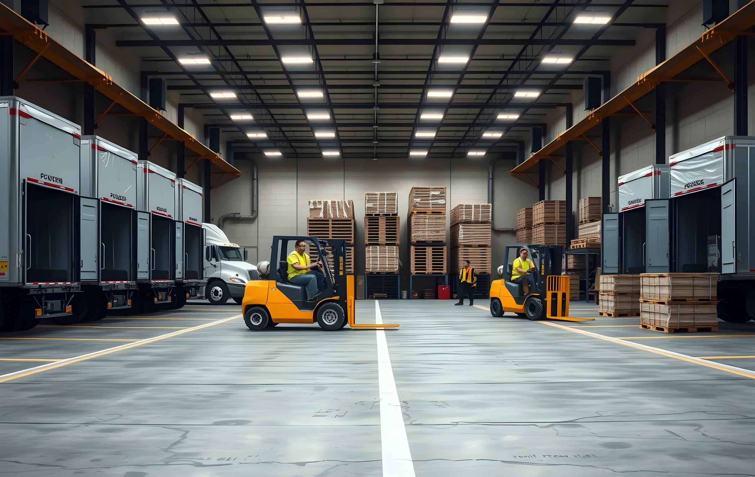 Wide interior view of a busy warehouse loading dock at midday, five semi-trucks backed into concrete bays with their rear doors open, two yellow forklifts in motion carrying shrink-wrapped pallets between the trucks and a staging floor marked with painted lane lines, wooden pallet racks stacked three-high along the far wall, four workers in high-visibility vests visible at medium distance directing loads, overhead fluorescent panels casting even industrial light across the polished concrete floor, no signage or readable text anywhere in frame