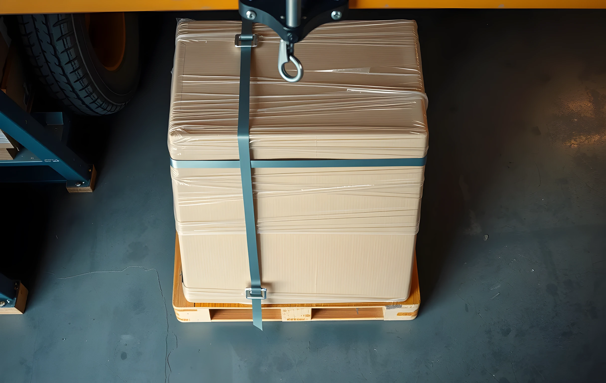 Close detail of a single wooden pallet mid-process on a steel banding machine, a tight stainless strap cinching around a shrink-wrapped stack of six cardboard boxes, the plastic film spiraling in visible layers, a metal clip hook dangling from an overhead rail just above the pallet, corrugated cardboard texture sharp under warm industrial lighting, tire marks and scuff lines on the concrete floor beneath, no people, no text, no screens
