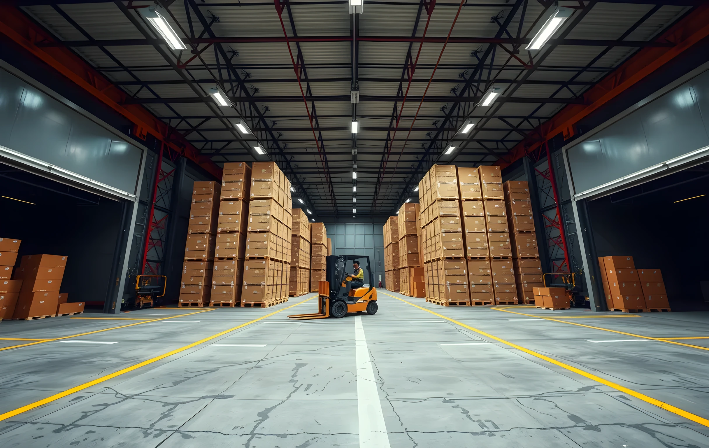 A wide-angle view of a mid-size warehouse loading dock with three semi-trailer doors open, tall columns of uniformly sized brown cardboard boxes stacked on wooden pallets, a forklift positioned between two pallet stacks, concrete floor marked with painted yellow safety lane lines, high ceiling with exposed steel trusses and rows of fluorescent light panels, two workers visible as small distant figures organizing packages near the dock edge, cool industrial lighting