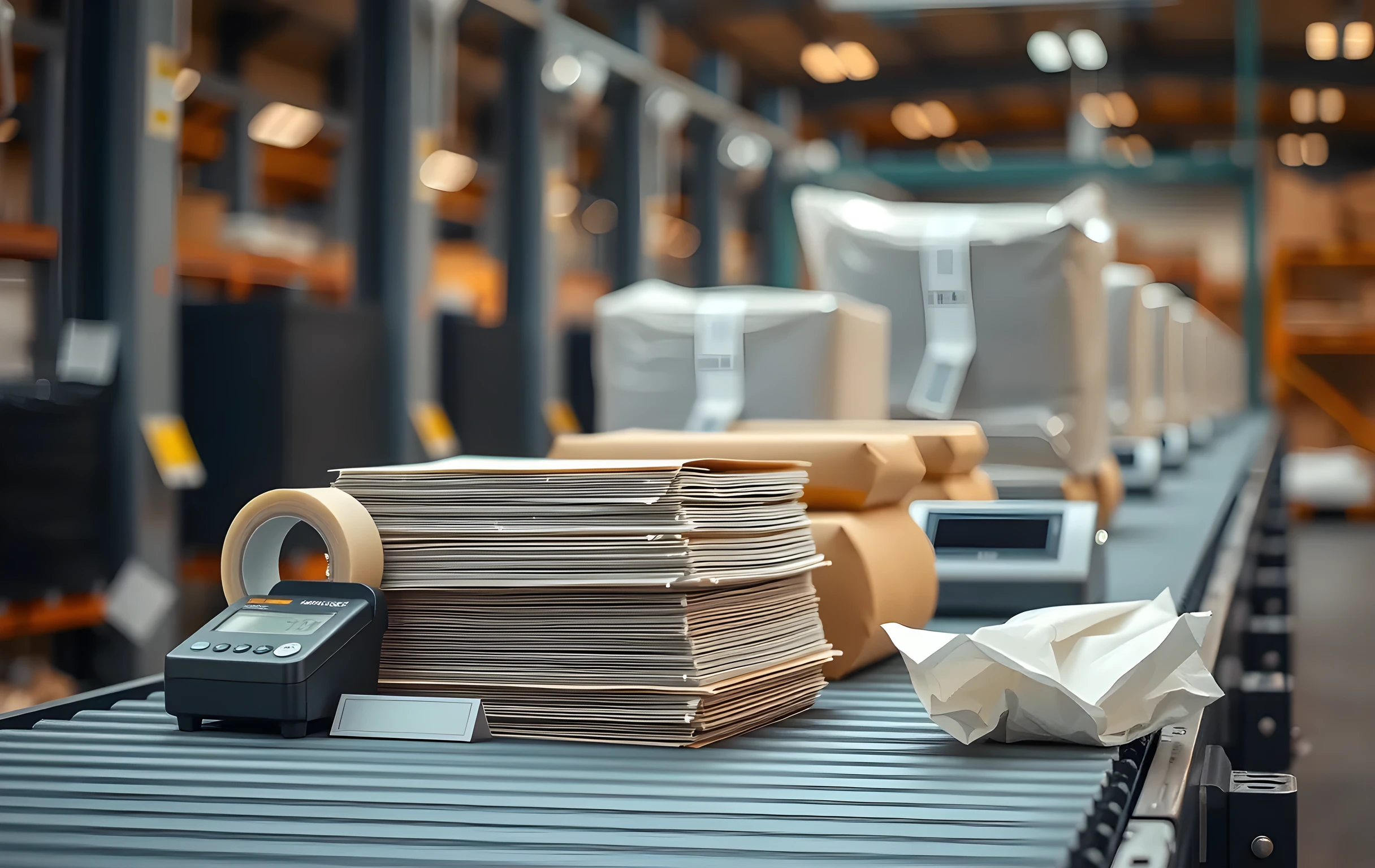 A close detail of a single packing station on a conveyor belt: a roll of clear packing tape, a compact thermal label printer resting beside a neat stack of flat poly mailers in graduated sizes, a digital postal scale with its display dark, crumpled tissue paper and a coil of bubble wrap nearby, warm amber overhead workshop lighting, shallow depth of field softly blurring the row of identical empty stations receding behind