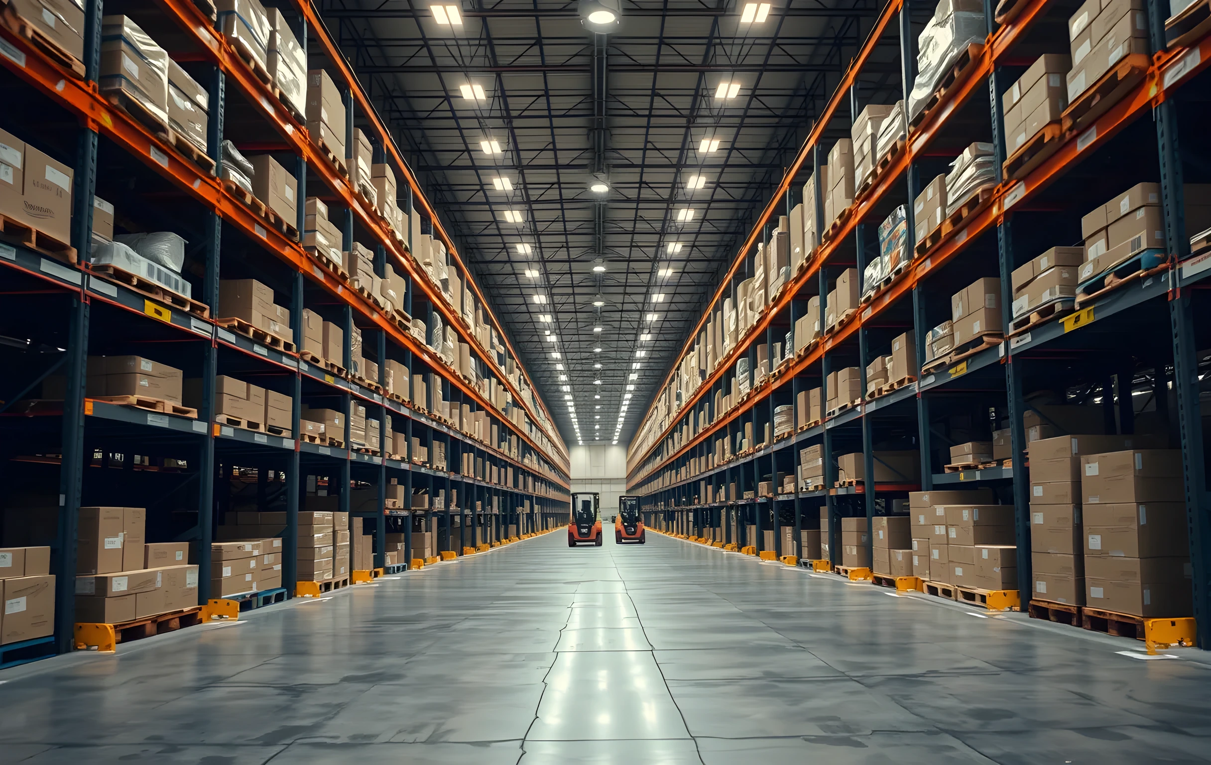 A vast industrial warehouse interior viewed from one end looking down the length of the floor, rows of tall steel pallet racks loaded with cardboard boxes stretching into deep perspective, two forklifts visible at mid-distance moving between aisles, concrete floor reflecting overhead high-bay lighting, the scale emphasizing hundreds of bays and open ceiling structure with exposed steel trusses and ductwork