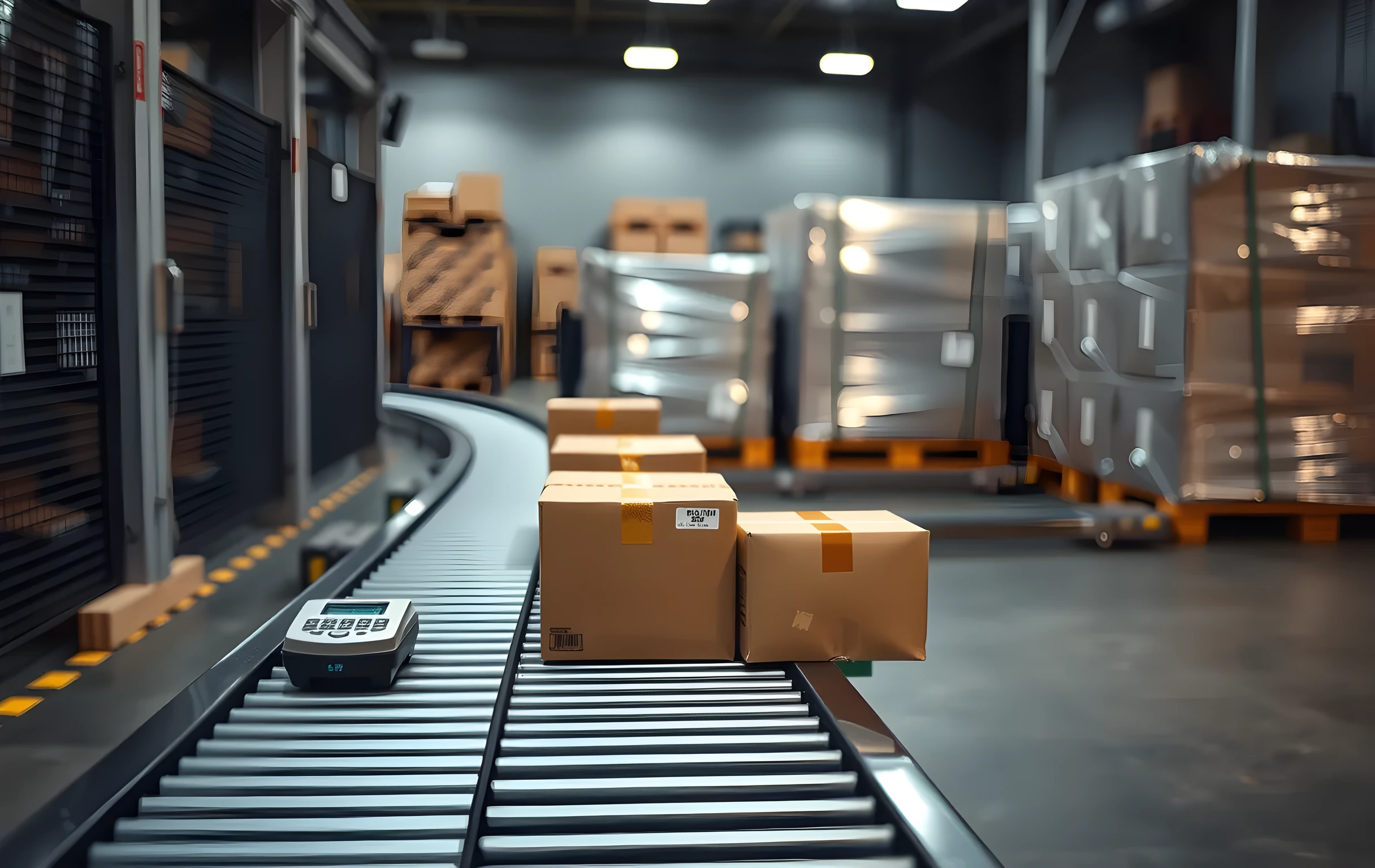 A single packing station on a curved conveyor line seen from a three-quarter angle, a row of sealed cardboard boxes in various sizes resting on the belt at evenly spaced intervals, a tape dispenser and a small digital scale visible on the workstation surface, the conveyor curving away toward a staging area where shrink-wrapped pallets sit stacked against a wall, warm task lighting focused on the work surface with the surrounding floor in soft shadow