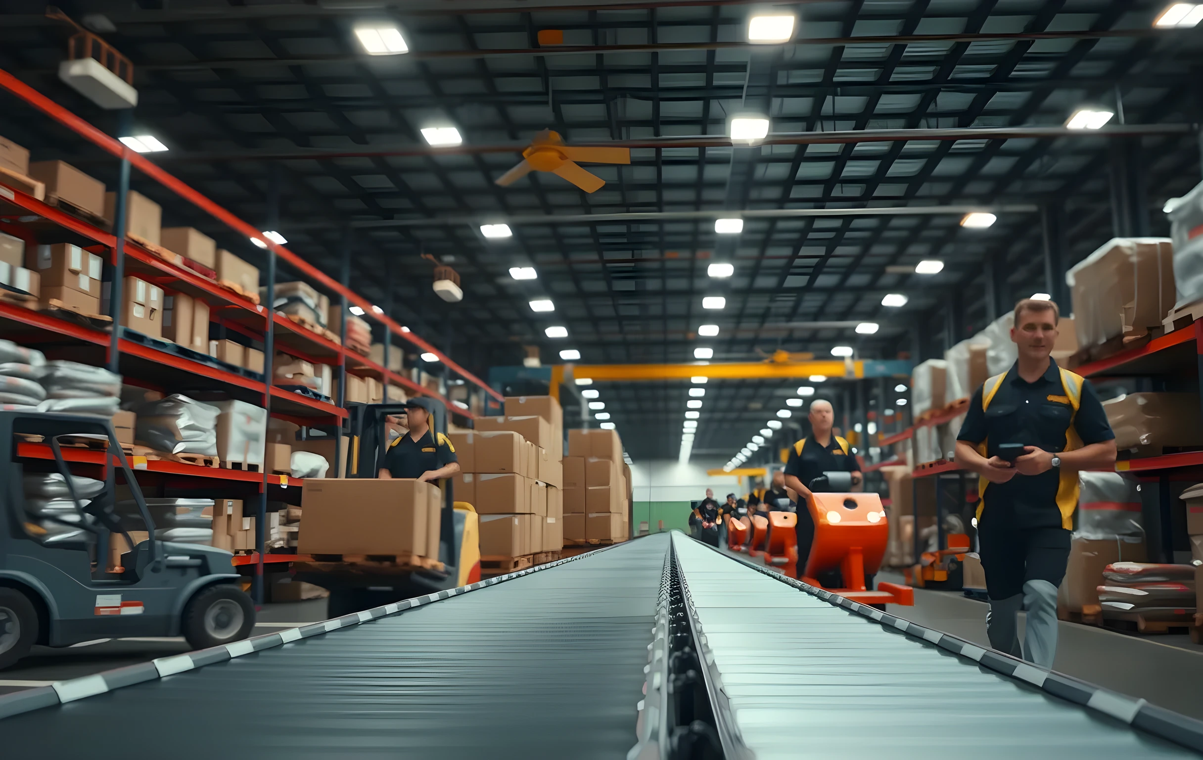 A wide-angle view of a brightly lit distribution center showing workers moving along an active conveyor belt system that carries sorted cardboard boxes toward a loading dock area. Pallet racks line the background under industrial ceiling lights, and forklifts navigate between aisles carrying shrink-wrapped pallets. The scene captures continuous material flow with workers positioned at medium distance, emphasizing scale and operational rhythm without any visible text or close-up details