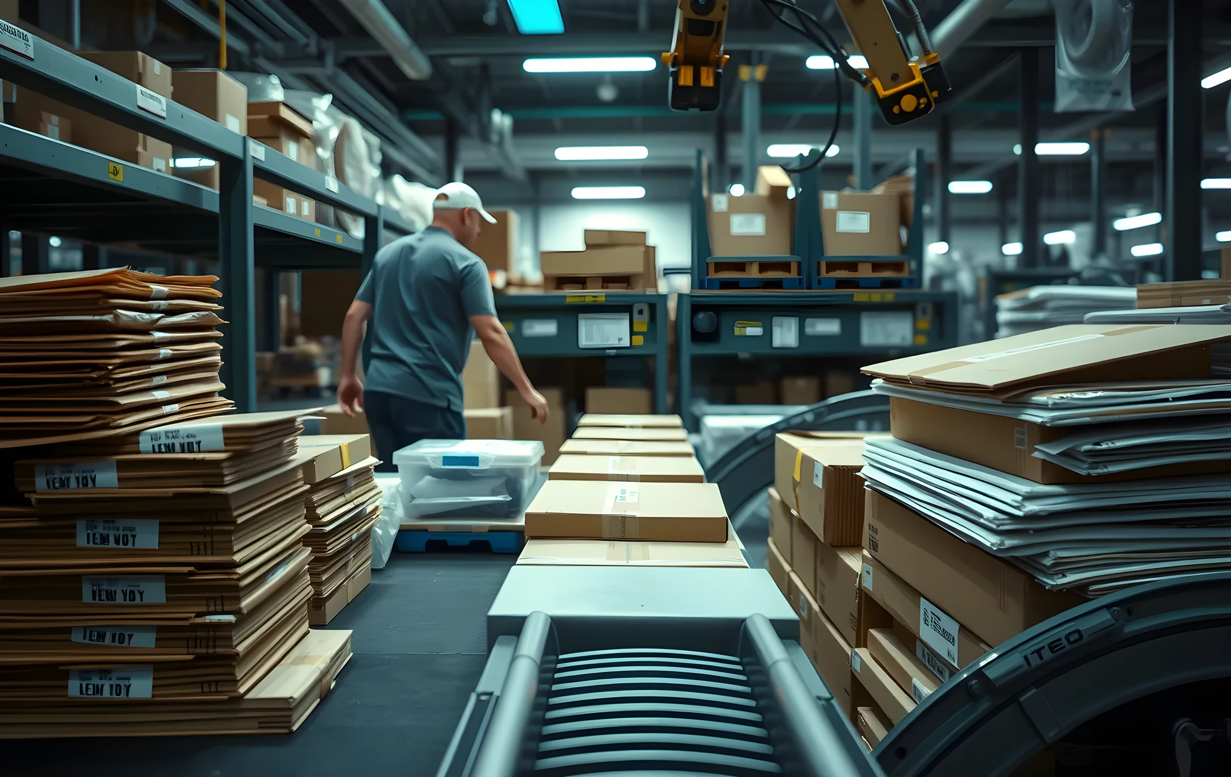 A focused perspective of a packing station where a worker in the mid-ground places items into sturdy shipping boxes lined with protective cushioning materials. Stacks of corrugated packaging, tape dispensers, and labeled poly mailers rest on a durable work surface while a mechanical sorting arm guides parcels along a curved chute toward a collection bin. The composition highlights the tactile motion of order preparation under even overhead lighting, maintaining clear separation from any screens, paperwork, or signage