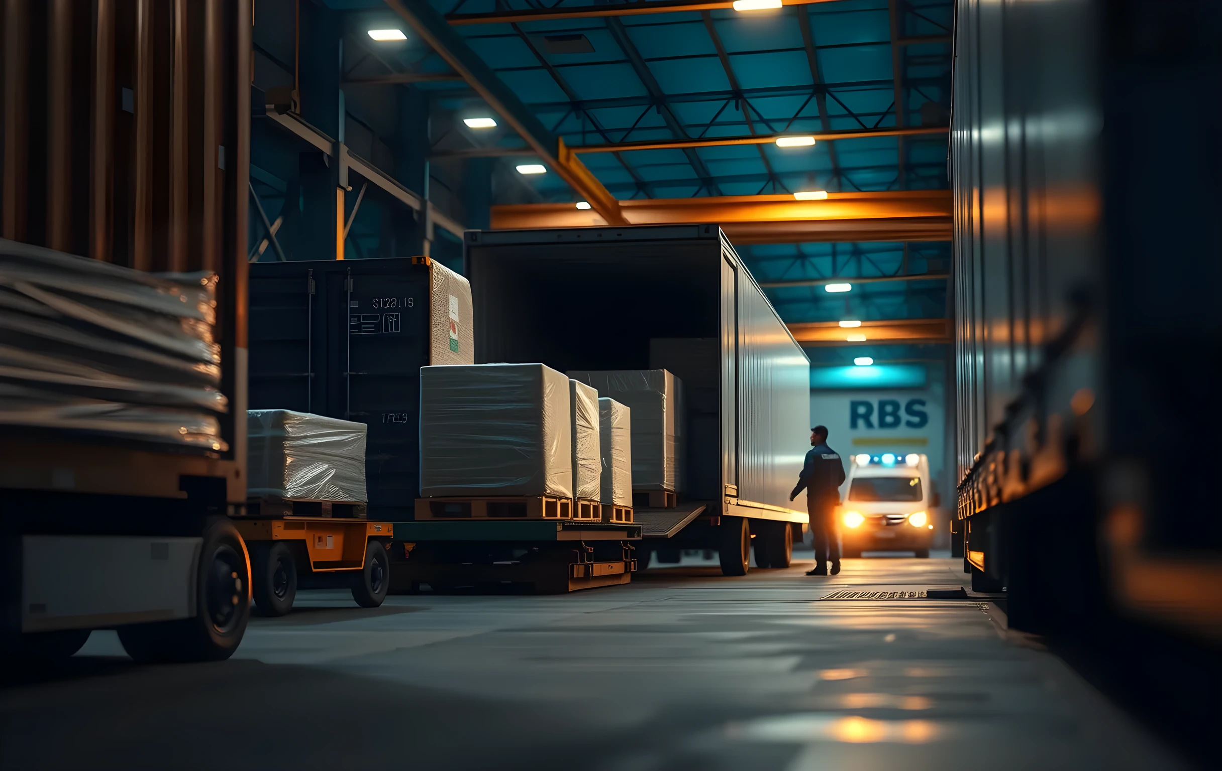 A wide view of a freight loading dock at dawn where palletized cargo is being guided onto a waiting transport trailer by ground crew at medium distance, with rolling cargo containers and overhead industrial lighting framing the perimeter