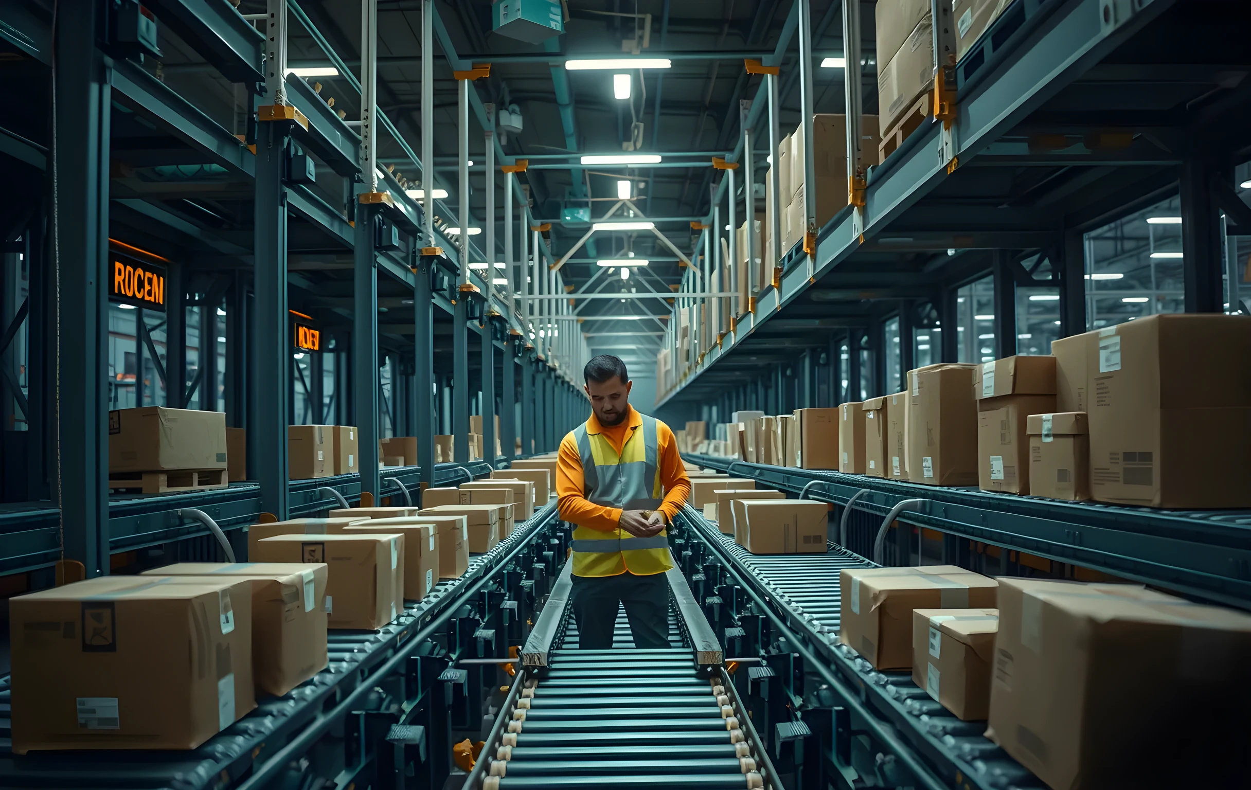 A closer detail scene of a narrow sorting corridor lined with suspended conveyor belts moving cardboard parcels past stationary scanning arches, where a warehouse operator stands in the mid-ground adjusting a tension roller while packages glide steadily over rubberized rollers