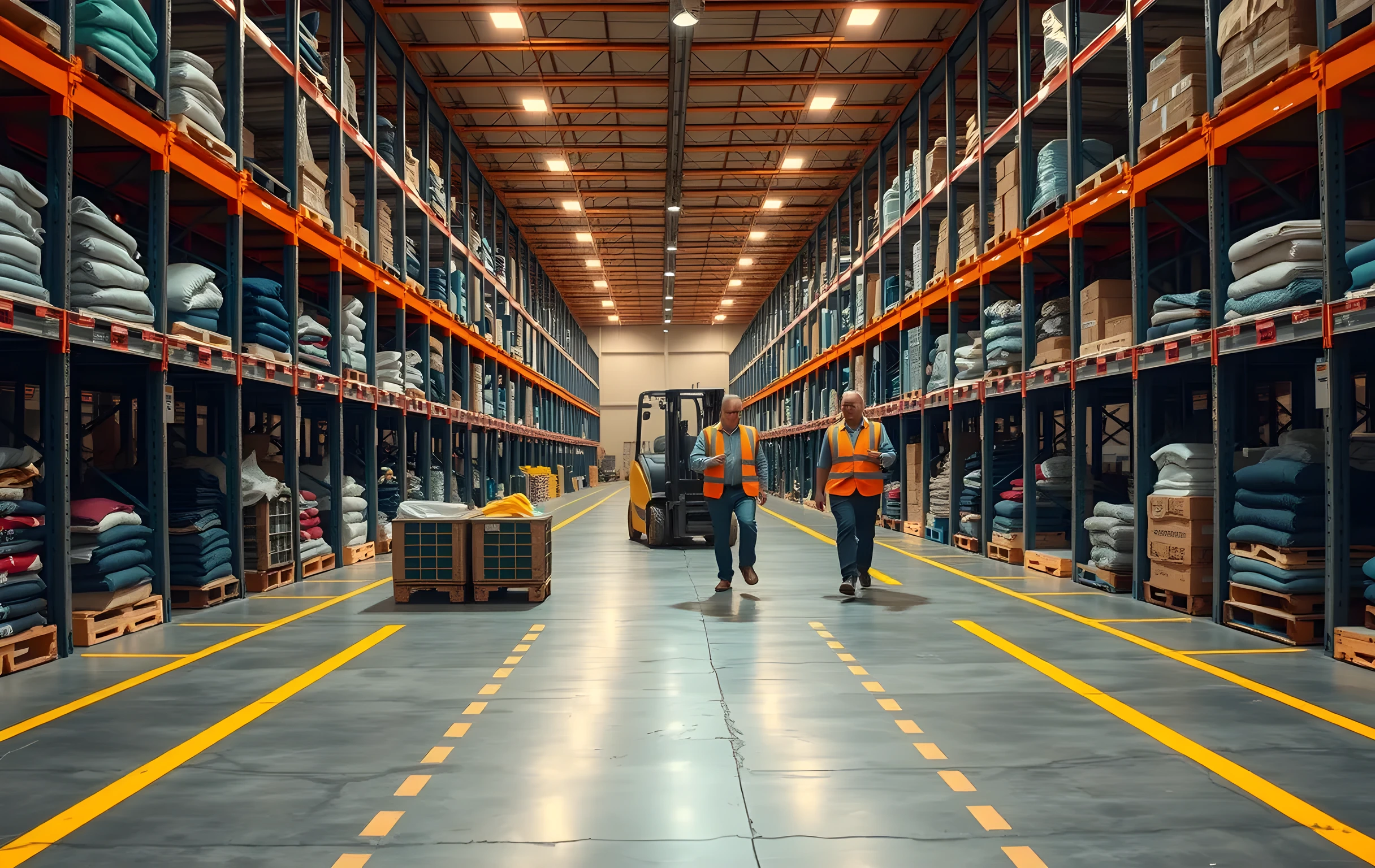 A wide-angle view of a large industrial fulfillment floor at mid-morning: long rows of steel pallet racks recede into warm amber overhead lighting, a yellow forklift is mid-turn between two aisles, and at the far end a staging area holds four open totes with folded garments sorted by color. Two warehouse workers in hi-vis vests walk at medium distance along the main aisle, one carrying a clipboard. The floor is polished concrete with painted lane markings. No text visible on any surface