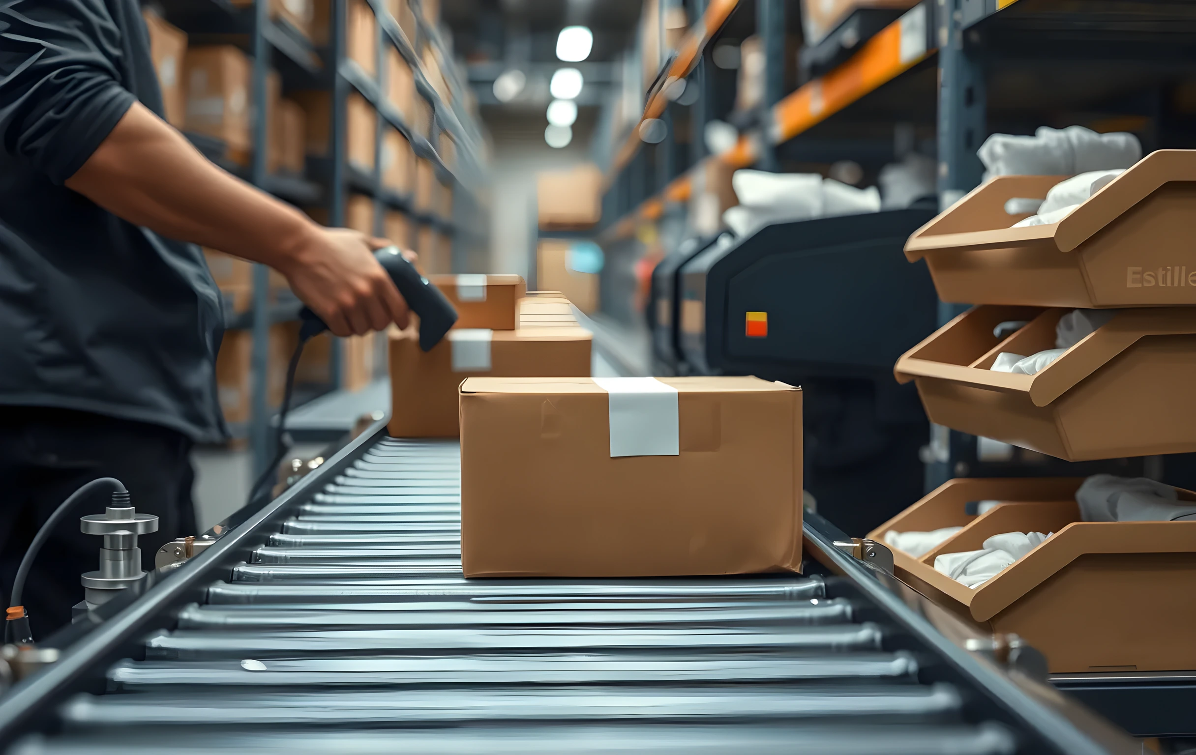 A closer detail shot of a packing station conveyor loop: three brown cardboard boxes ride a narrow belt toward a worker whose torso and forearms are visible at medium distance as they press a barcode scanner against a box, a compact label printer sits to the right feeding a short strip of white labels into a slot, and a gravity-fed tote rack holds six open bins with folded items waiting to be picked. The focus is on the mechanical motion of boxes sliding along the belt and the rhythmic action at the station. No faces, no screens, no text