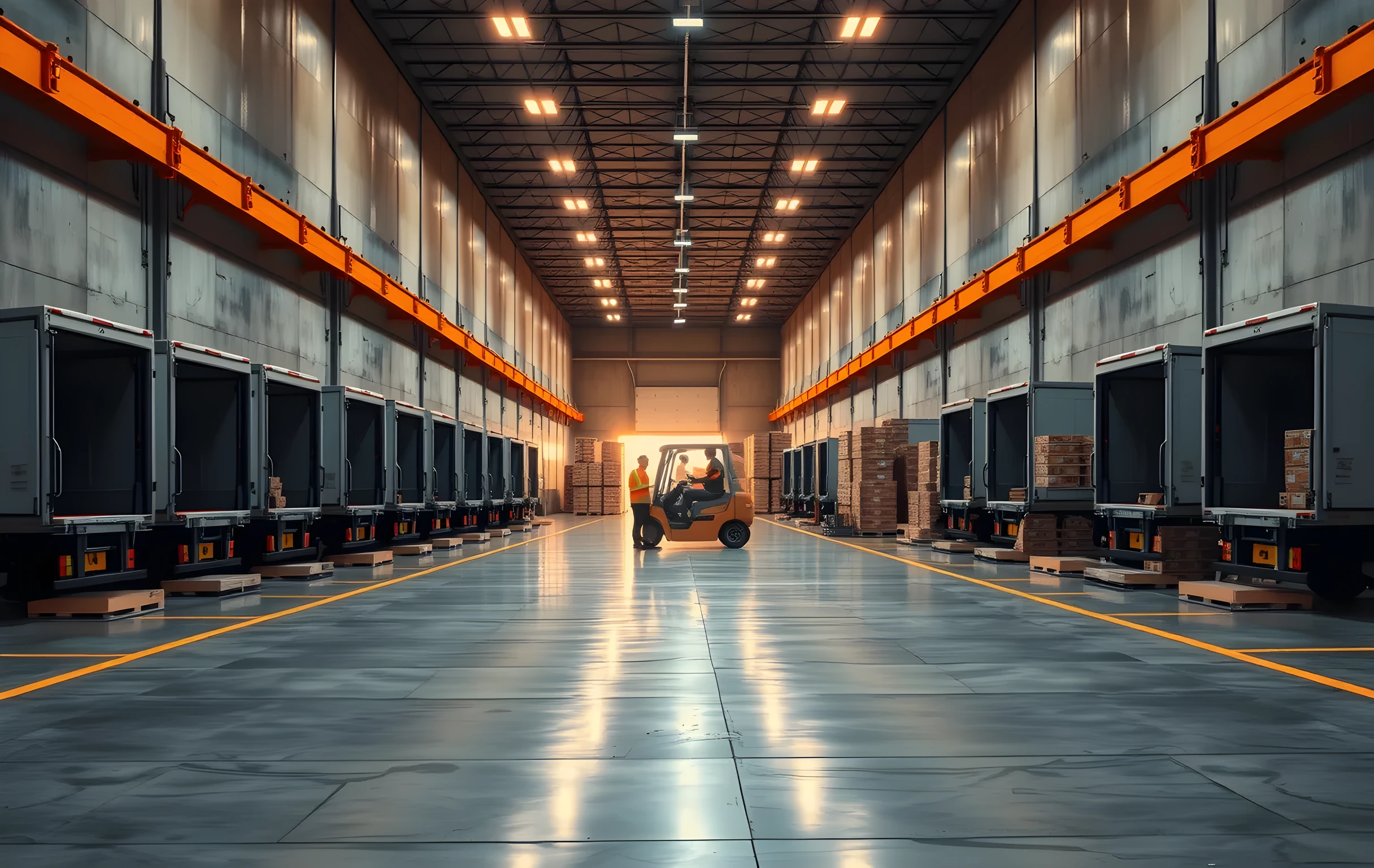 A wide-angle view of a large logistics loading dock at dawn, six box trucks backed into open bays with rear doors raised, pallets of cardboard parcels stacked in neat rows along the concrete walls, two workers in orange safety vests visible at medium distance guiding a forklift between trucks, overhead industrial lighting casting long amber shadows across the polished floor, the far end of the warehouse receding into soft haze