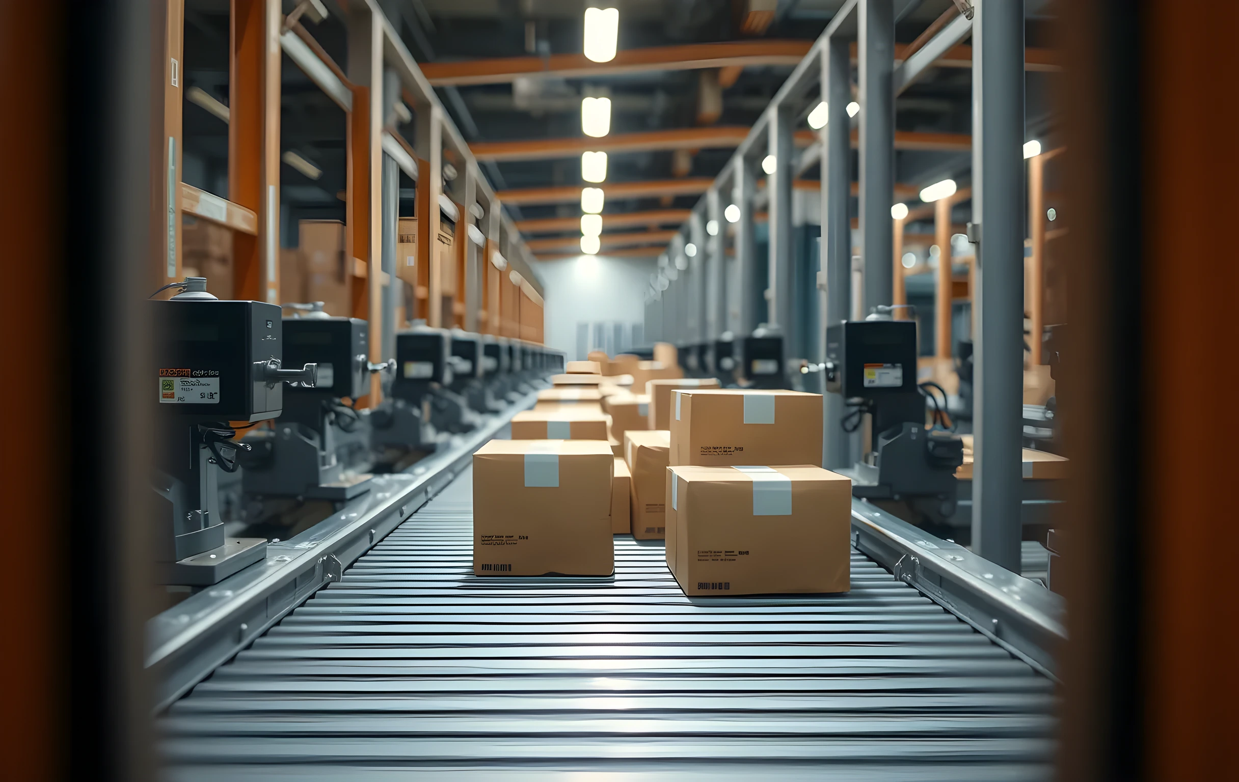 A medium-detail shot of a package sorting line in motion, cardboard boxes of varying sizes riding along a roller conveyor toward angled metal chutes on both sides, small industrial label printers mounted at regular intervals above the belt, mechanical sensor arms hovering just over the parcels, the rhythmic flow of packages creating a sense of constant forward movement, warm overhead fluorescent light reflecting off the steel rollers