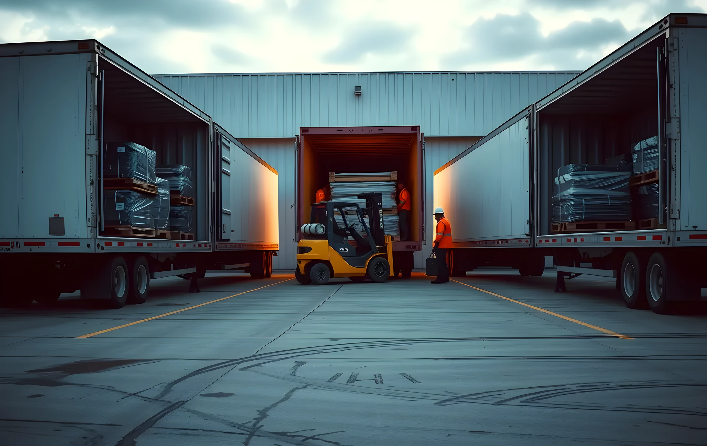 A freight terminal loading dock at dawn, three white semi-trailers parked side by side with rear doors open revealing stacked shrink-wrapped pallets inside, a yellow forklift mid-lift moving a pallet between trailers, two workers in orange high-vis vests visible at medium distance near the trailer openings, cold blue-hour light raking across the concrete apron and gravel lot, tire tracks and oil stains on the ground, no text or signage visible anywhere